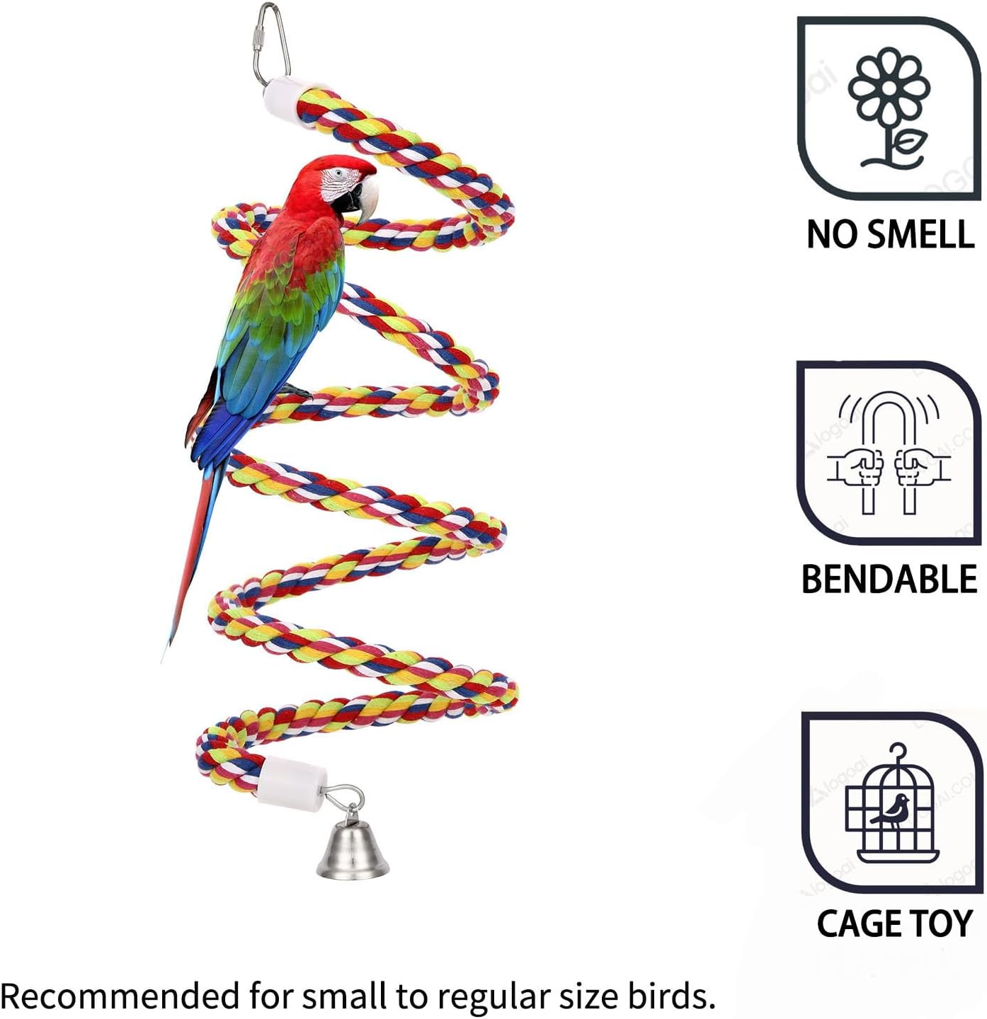 2Pcs 63'' Bird Rope Perches Birdcage Swing Toys 100% Cotton Natural Bird Perch Peck/Chewing with Bell Climbing Standing Bungee Parrot Toys for Small to Regular Size Parrot Cockatiel Birds