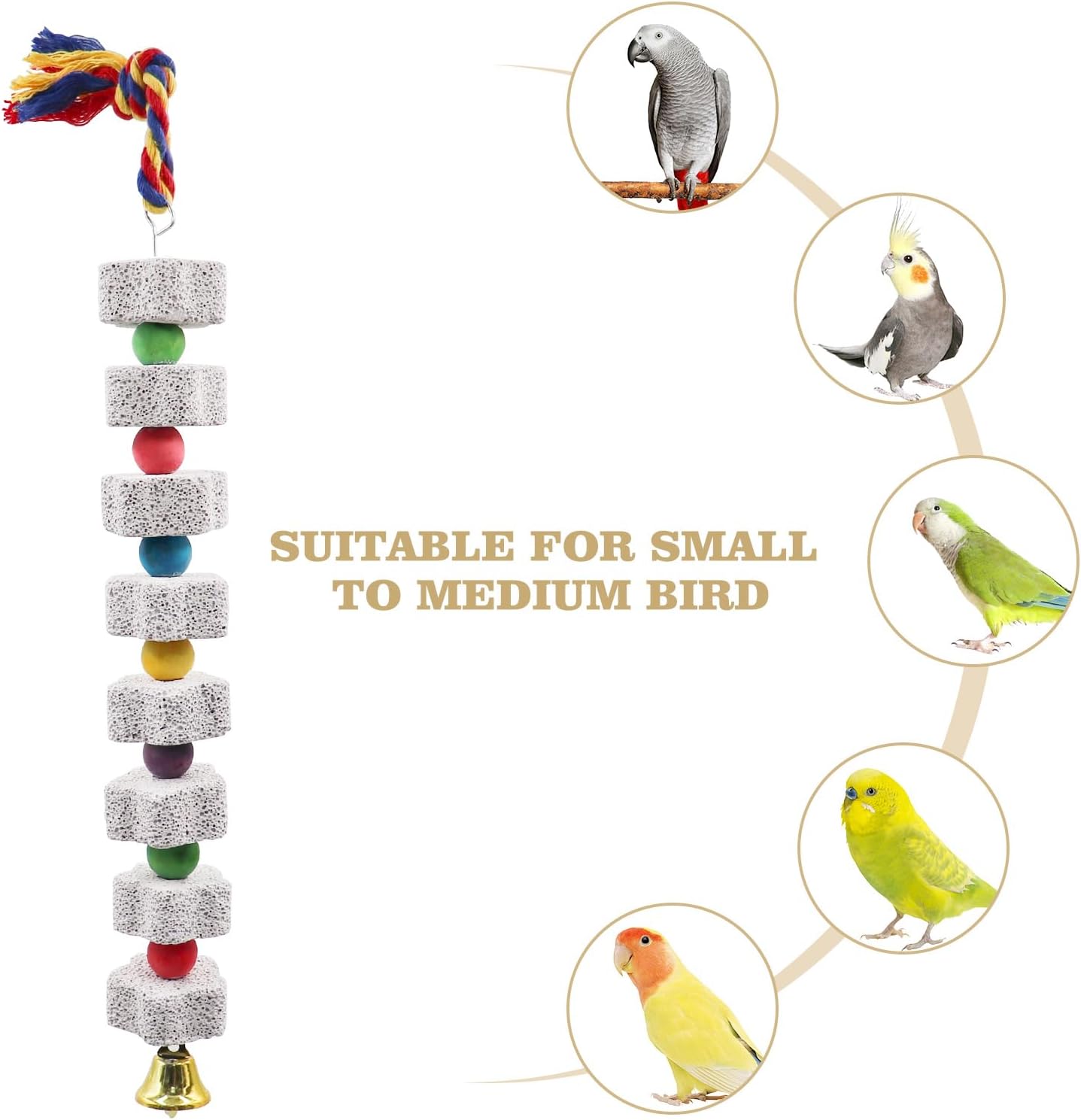 2 Pack Mineral Block Chew Toys with Colorful Beads and a Bell, Bird Beak Grinding Stone, Cage Accessories for African Grey, Budgies, Cockatiels, Small to Medium Birds