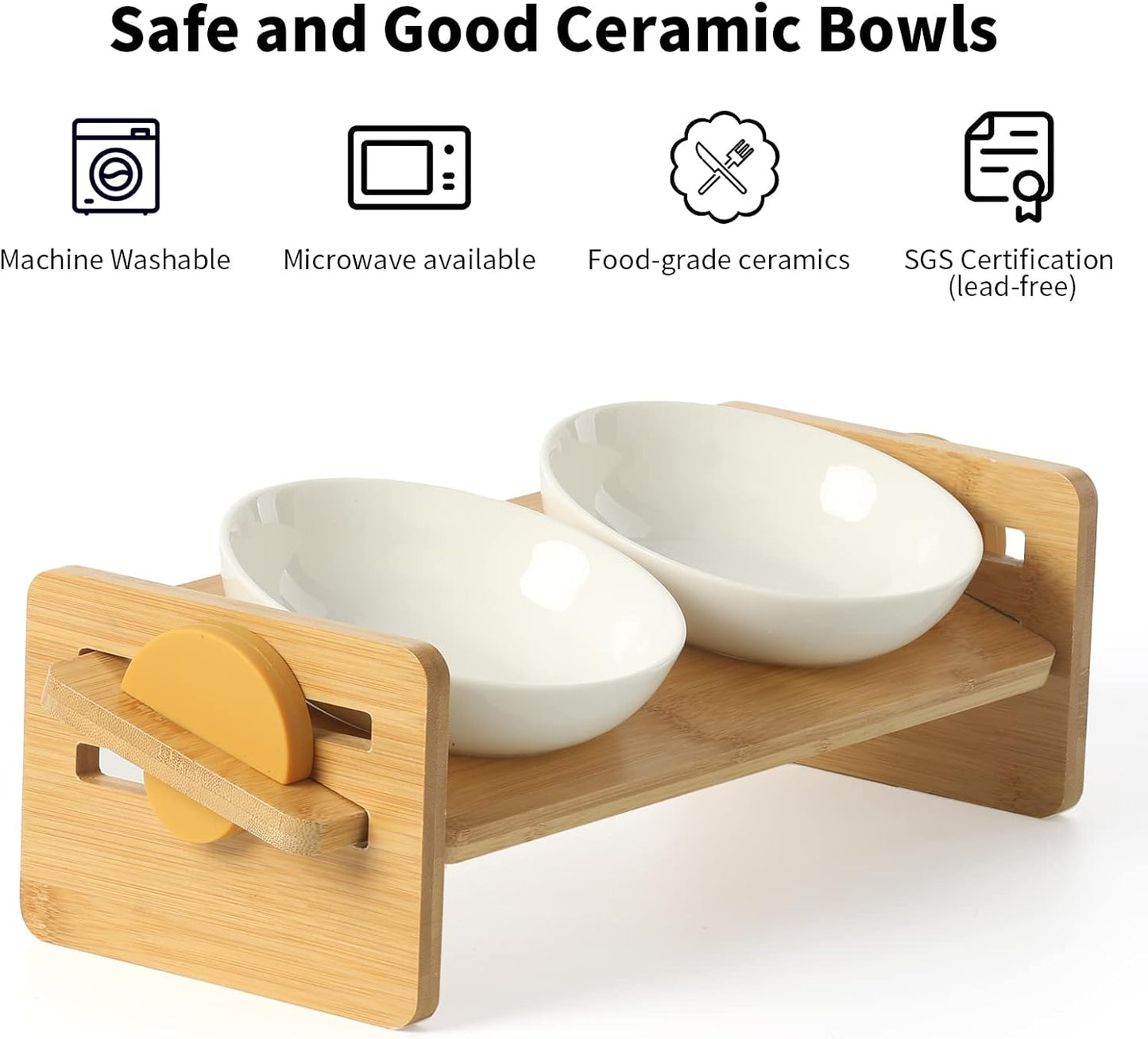 FUKUMARU Elevated Cat Ceramic Bowls, Small Dog 15° Tilted Raised Food Feeding Dishes, Solid Bamboo Water Stand Feeder Set for Cats and Puppy