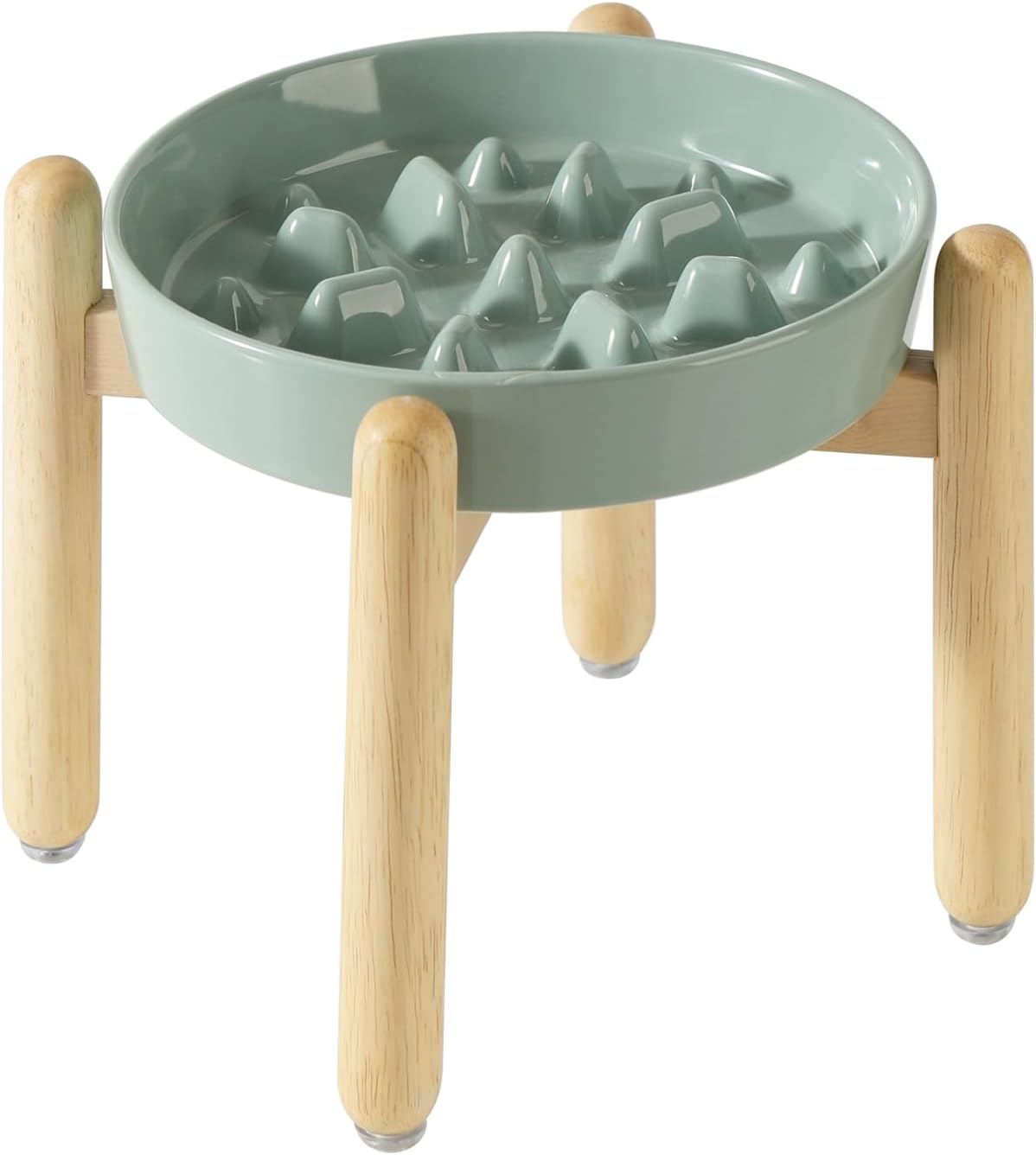 8.2inch Ceramic Dog Raised Slow Feeder Set, Elevated Bowl with Wooden Stand for Large and Medium Dog, Slow Feeder Dish for Fast Easters, Stop Bloat(Light Green, Single Bowl+ Stand)