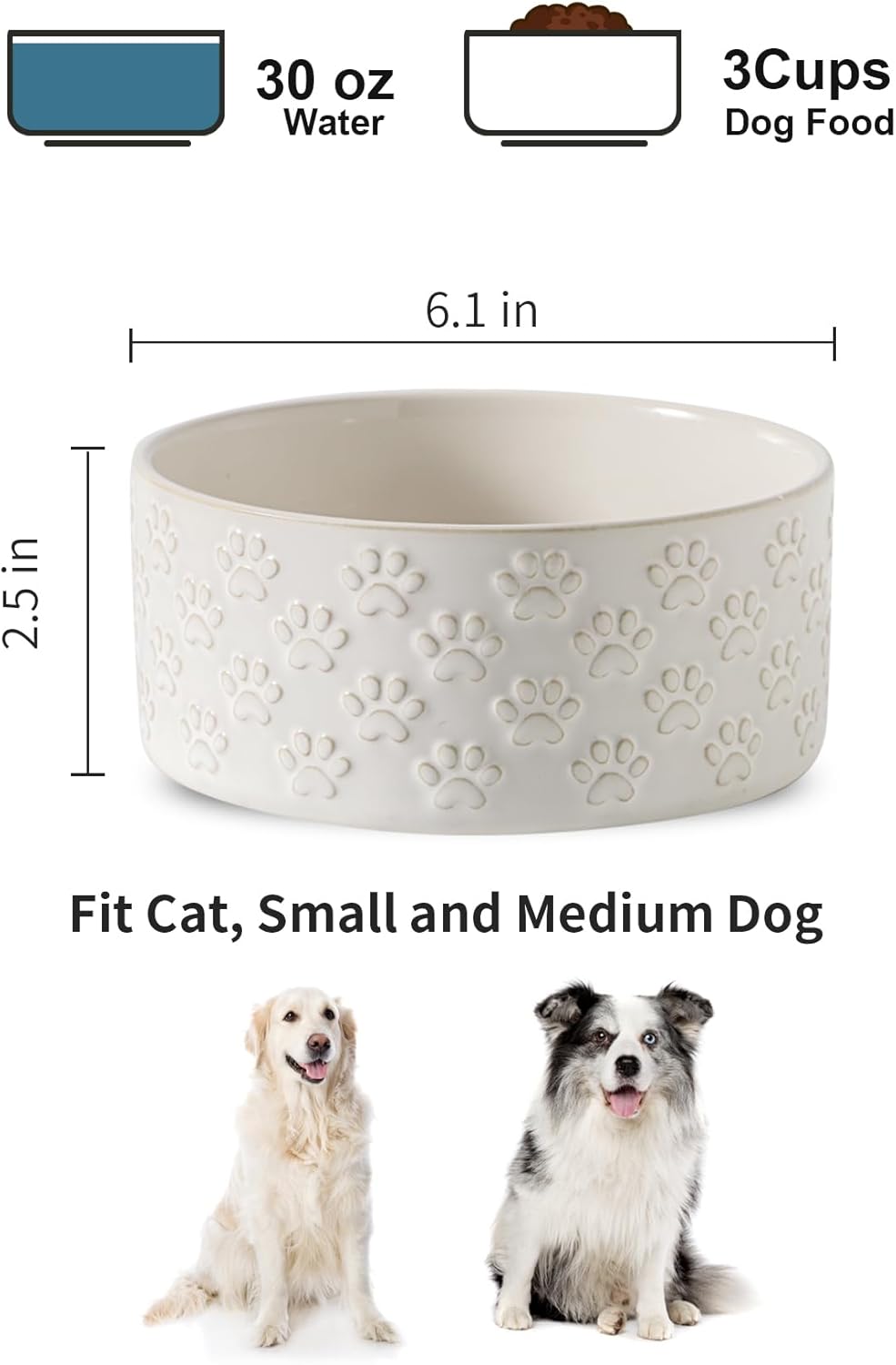 UBEE Ceramic Dog Food Bowl Set of 2, 6.1 inch Dog Dish Bowl with Paw Pattern, Pet Food Water Dish Feeding for Small and Meidum Dogs and Large Cat, White