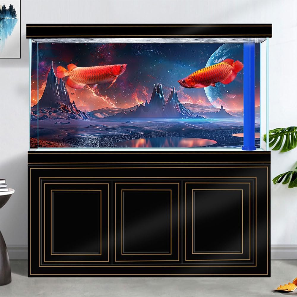 Scarlet Cosmic Aquarium Background,Cool Galaxy Parallel Space Themed Fish Tank Background, Tropical Desert Terrarium Background 48X20IN with 8 EVA Double-Sided Tape