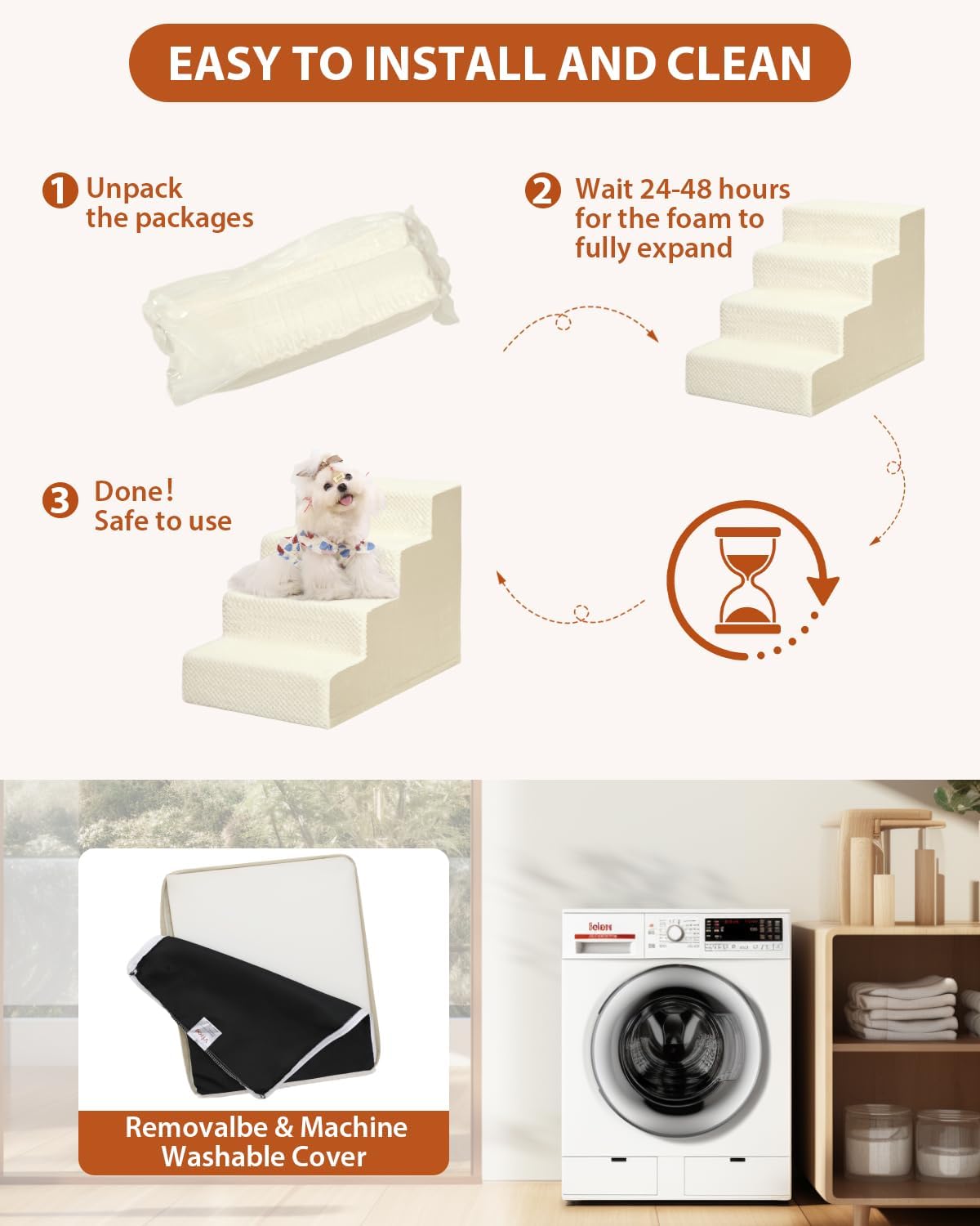 Dog Stairs for Small Dogs,13" H,3-Step Dog Steps for High Bed,Couch,Pet Stairs for Dogs and Cats Climbing with Non-Slip Bottom and Washable Cover,Beige