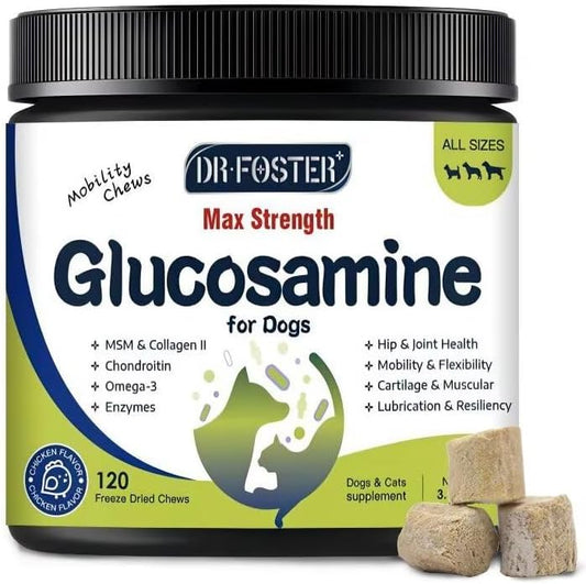 Glucosamine for Dogs, Hip and Joint Supplement for Dogs with Chicken Flavor, Anti Inflammatory, Dog's Chondroitin, Digestive Enzymes, Omega-3, Vitamin D, MSM, Calcium, Turmeric, 120 Freeze-Dried Chews