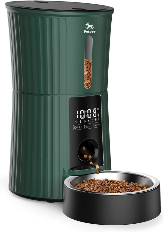 Petory Timed Automatic Cat Feeders - 4L Programable Dry Food Dispenser for Cats and Small Medium Dogs 6 Meals with Desiccant Bag Dual Power Supply 10S Voice Recorder