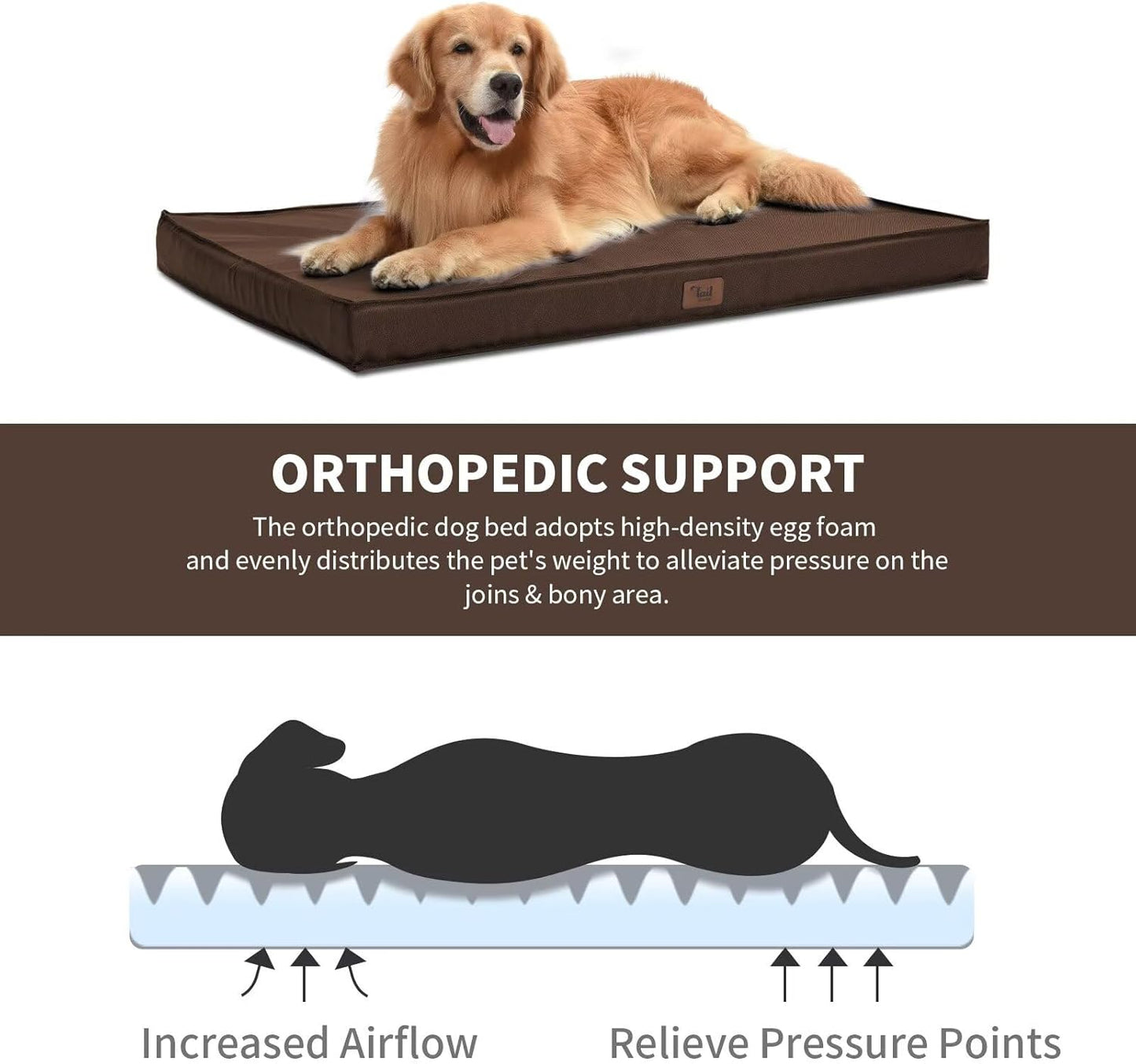 Outdoor Waterproof Dog Bed, Large Dog Bed for Large Size Dogs, Orthopedic Egg Foam Pet Bed with Washable and Removable Oxford Cover, Brown