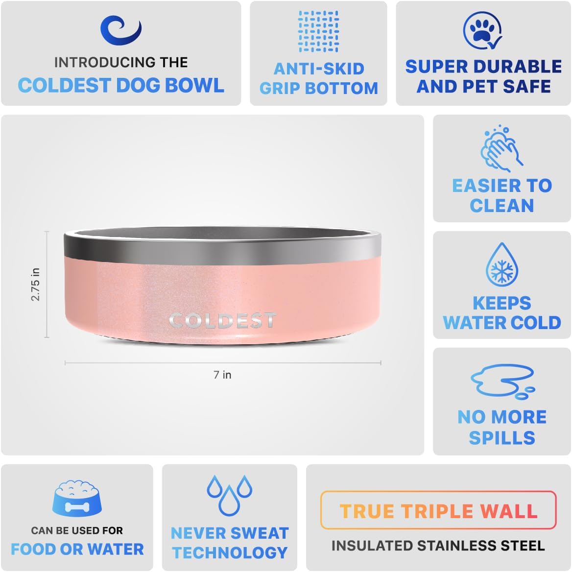 Coldest Dog Bowl - Anti Rust Metal, Non Slip, 3 Layers Insulated Stainless Steel Dog Bowls - Spill Proof & Heavy Duty - Water Bowl for Dogs, Cats & Pets, Dish Washer Safe (42 oz, Forever Pink Glitter)