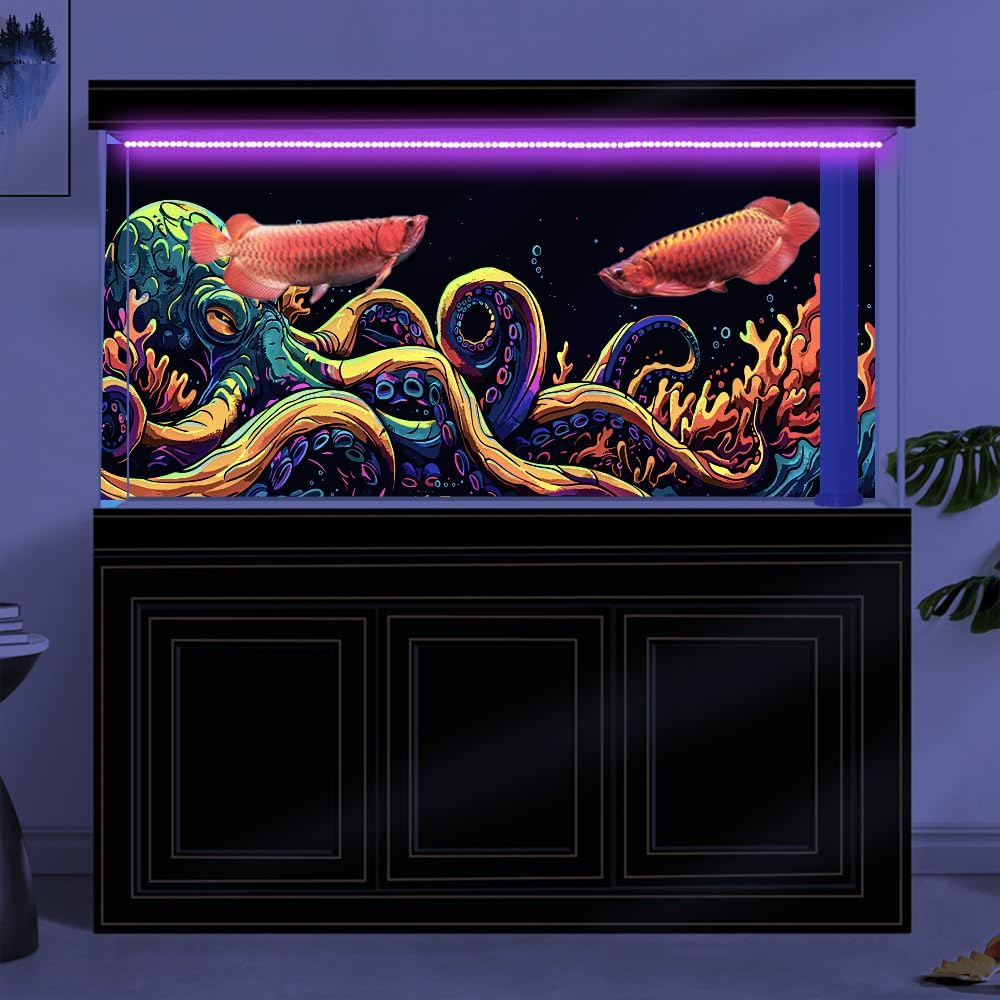 48X24IN Blacklight Octopus Sea Monster HD 3D Black Light Aquarium Background UV Reactive Background Terrarium Background with 10 EVA Double-Sided Tape