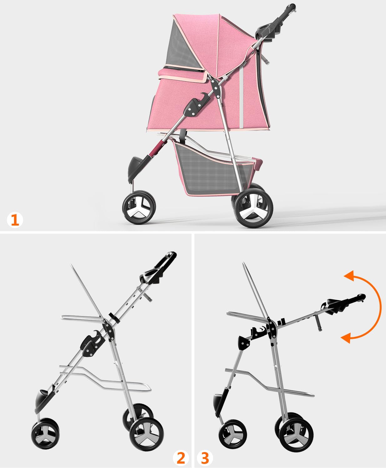 Pet Stroller with 3 Wheels for Small/Medium Pets, Portable Travel Foldable Carrier Jogger for Dog Cat Puppy Kitty, Rear Wheel Breaks, Storage Basket, Visible Mesh with Weather Cover (Pink)