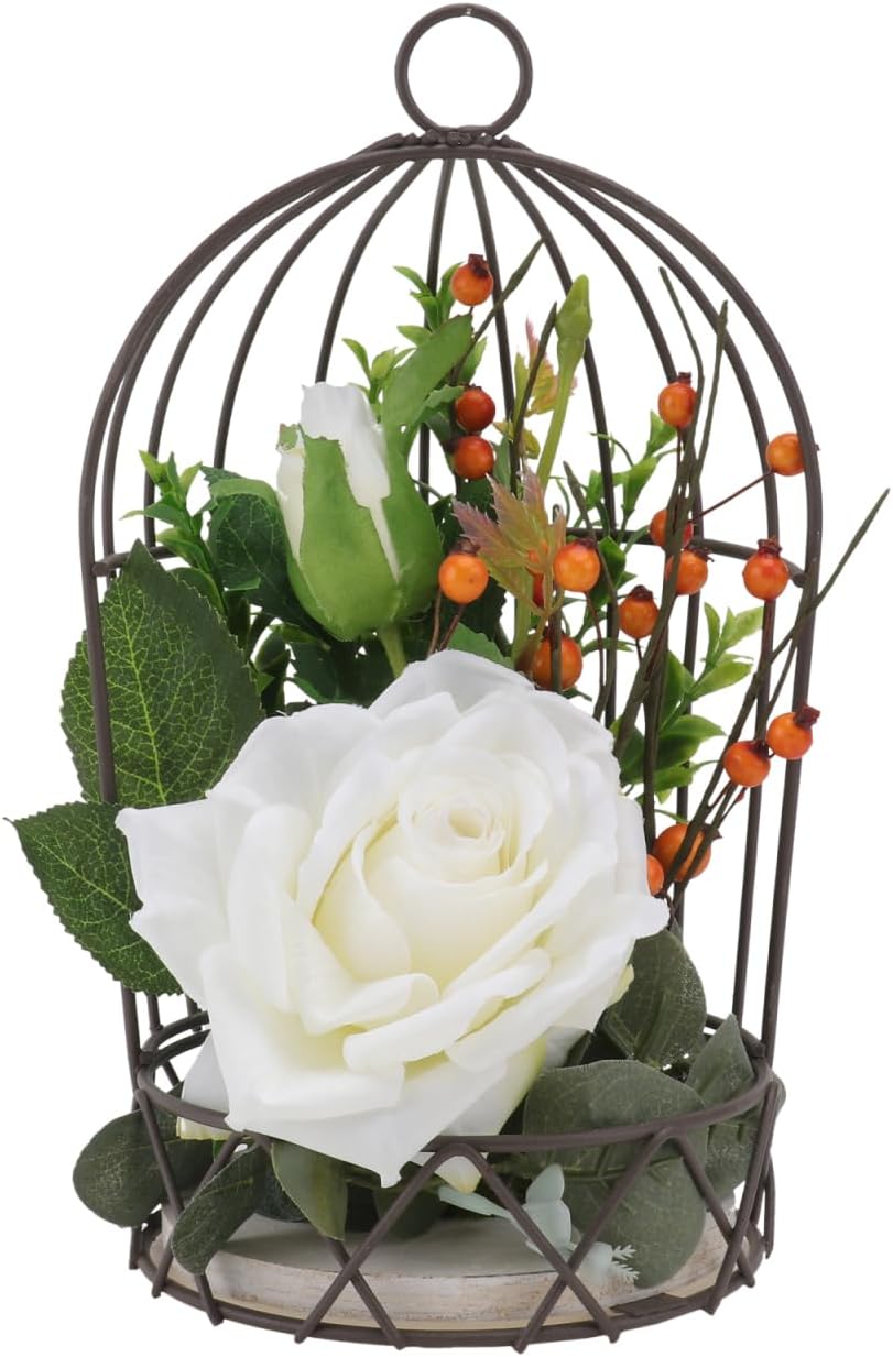 BESTOYARD Hanging Bird Cage Decor with White Simulation Rose Flowers for Home Wedding Table and Garden Ornament