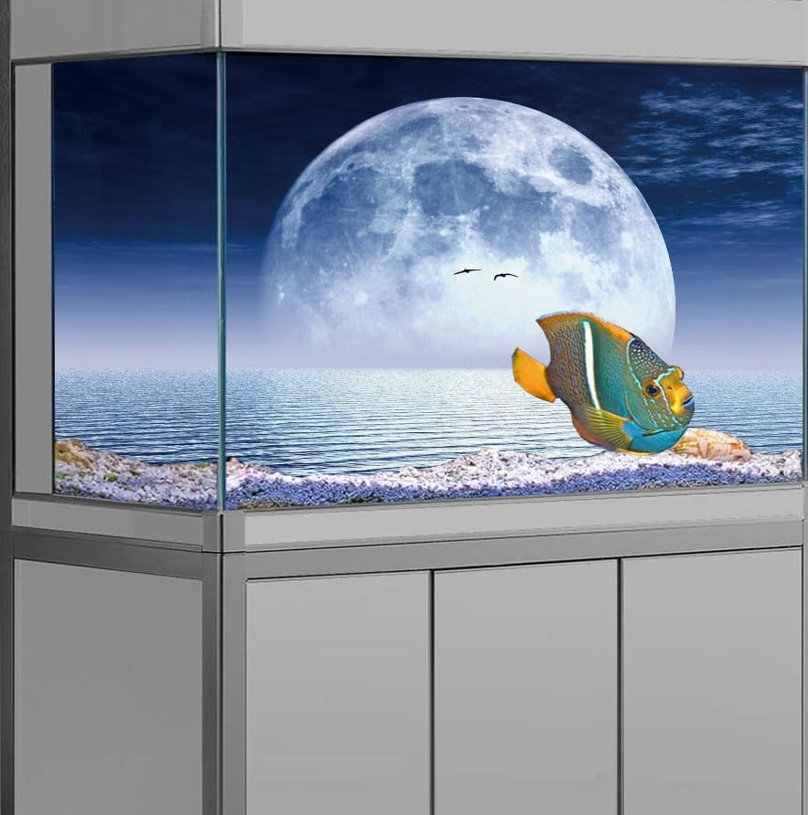 Moon Aquarium Background,Cool Sea Galaxy Parallel Space Themed Fish Tank Background, Cool Terrarium Background 36X18IN with 8 EVA Double-Sided Tape