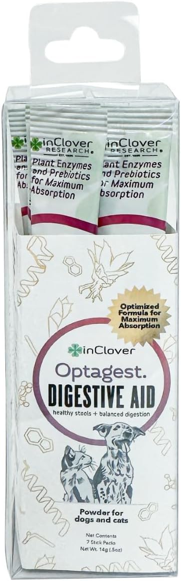 InClover Optagest Natural Digestive Aid, Organic Prebiotics & Enzymes Supplement Powder for Dogs and Cats - Promotes Healthy Stools, Less Gas, Optimal Nutrient Absorption, Intestinal Balance, 7 sticks