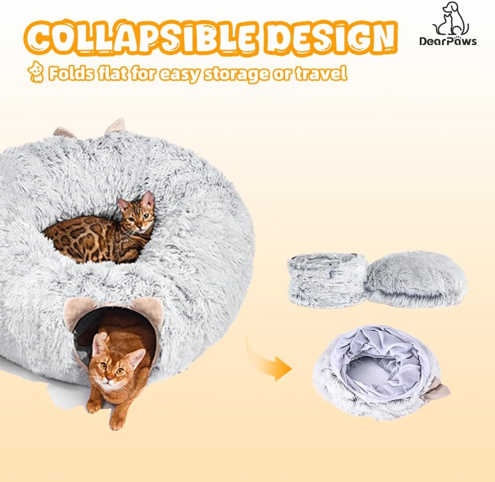 Cat Tunnel with Bed for Indoor Use Under Christmas Tree Soft Plush Cat Cave Donut Tunnel, Multifunctional Playground Toys Hideplace for Kittens, Rabbit, Ferret (Grey)