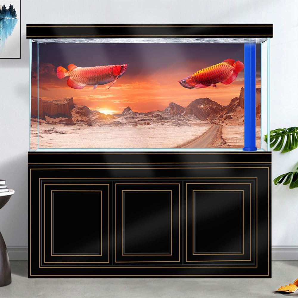 72X18IN Sun and Desert Moon Themed Reptile Habitat on Orange Durable Decorative Background, Terrarium Background with 10EVA Double-Sided Tape