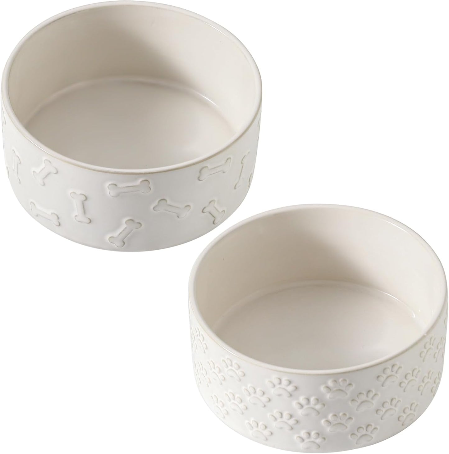 UBEE Ceramic Dog Bowl Set of 2, 6.1 inch Dog Food Bowl Dish with Bone Paw Pattern, Pet Food Water Dish Feeding for Small and Meidum Dogs and Large Cat, White