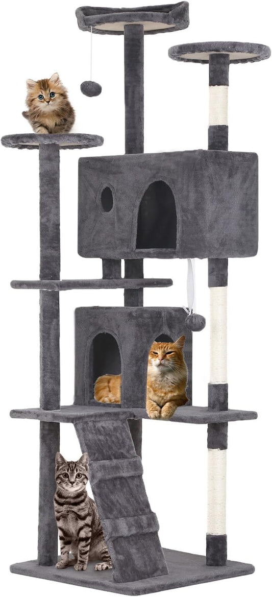 70 inches Cat Tower for Indoor Cats Multi-Level Cat Condos for XL Cat Tree Cat Climbing Tower with Scratching Posts, Hanging Toys,Light Gray