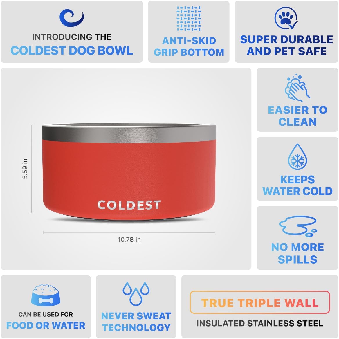 Coldest Dog Bowl - Anti Rust Metal, Non Slip, 3 Layers Insulated Stainless Steel Dog Bowls - Spill Proof & Heavy Duty - Water Bowl for Dogs, Cats & Pets, Dish Washer Safe (200 oz, Crimson Red)