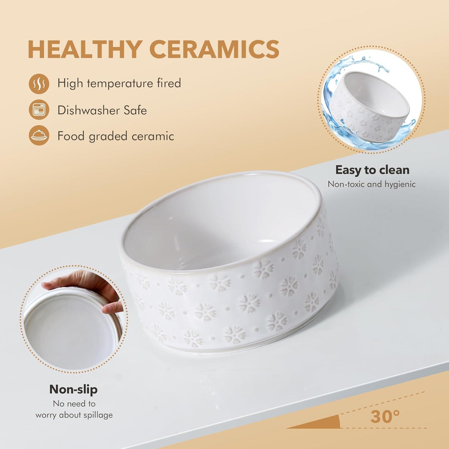 8.2inch Ceramic Raised Double Bowls Set with Acacia Wooden Stand, Food & Water Bowls for Large Breed Dogs, Weighted Dog Dishes, Pet Bowl(60OZ, Arctic White)