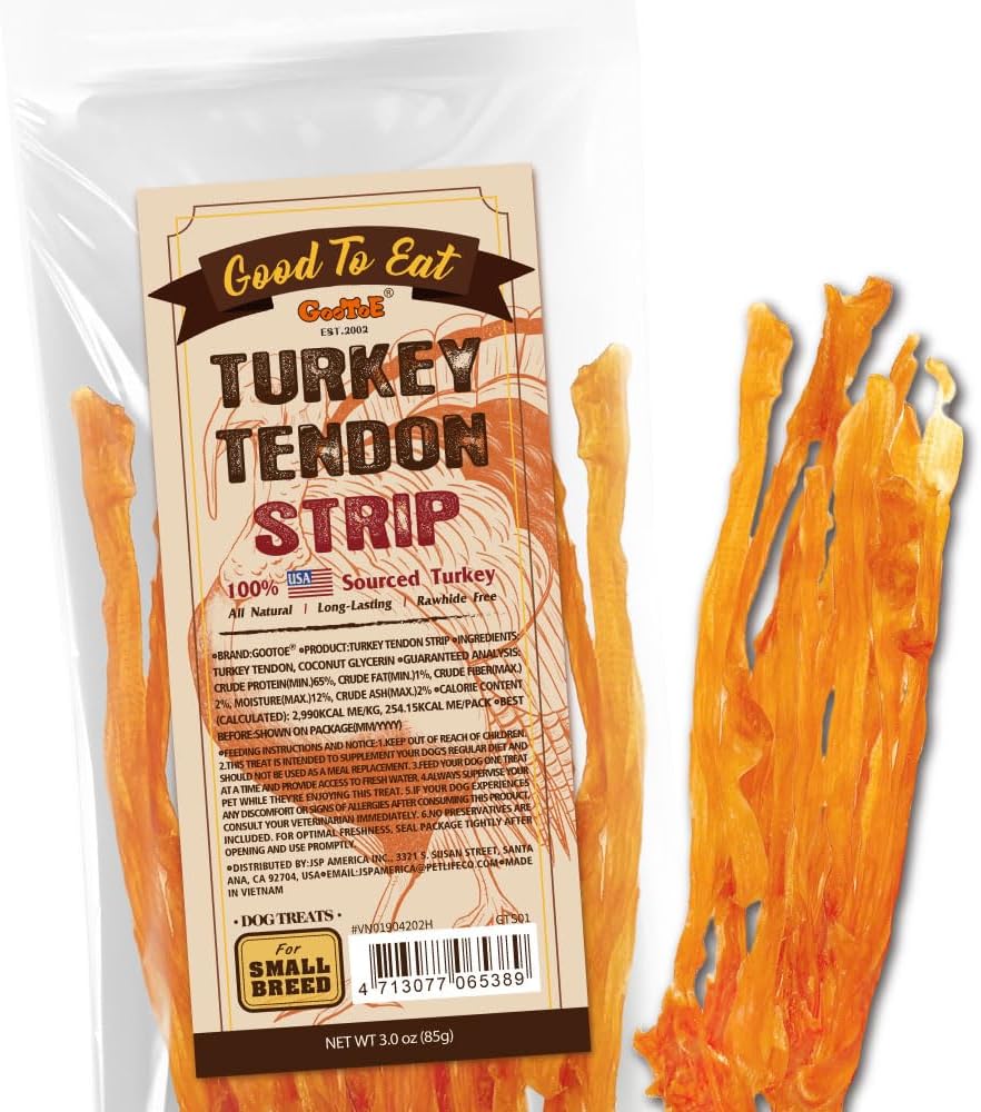 Gootoe Turkey Tendons for Dogs – All-Natural, Hypoallergenic Dog Treats, Rawhide Alternative, Long Lasting Puppy Chews, Healthy Dog Treats for Small Breeds, Strips, 3 oz Pack