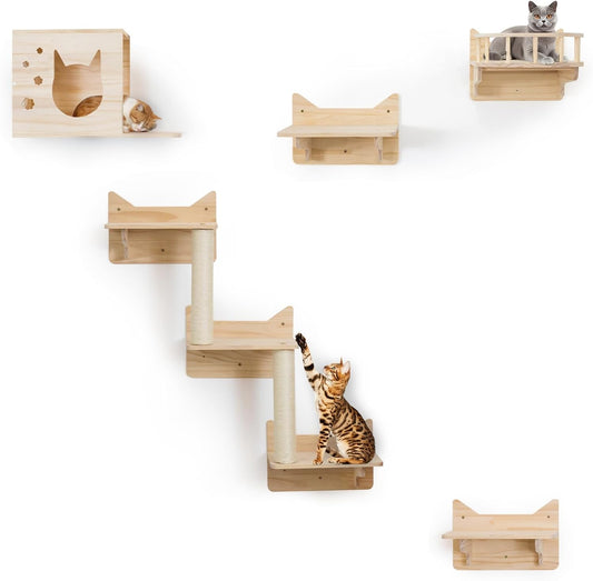 9-Piece Wall-Mounted Cat Shelves Set, House, Lookout Tower, 2 Sisal Scratching Posts, 5-Step Cat Wall Ladder, Pine Furniture, Extra-Wide & Long for Large Cats, Space-Saving Indoor Shelves