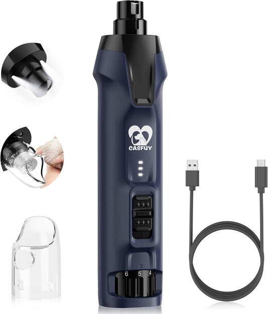 Casfuy 6-Speed Dog Nail Grinder – 50%+ Boost Power Dog Nail Trimmers Quiet with Dust Cap & 2 LED Lights & 2000mAh Battery & 4.8V Motor Electric Pet Toenail File Tool for Large Medium Small Dogs Cats