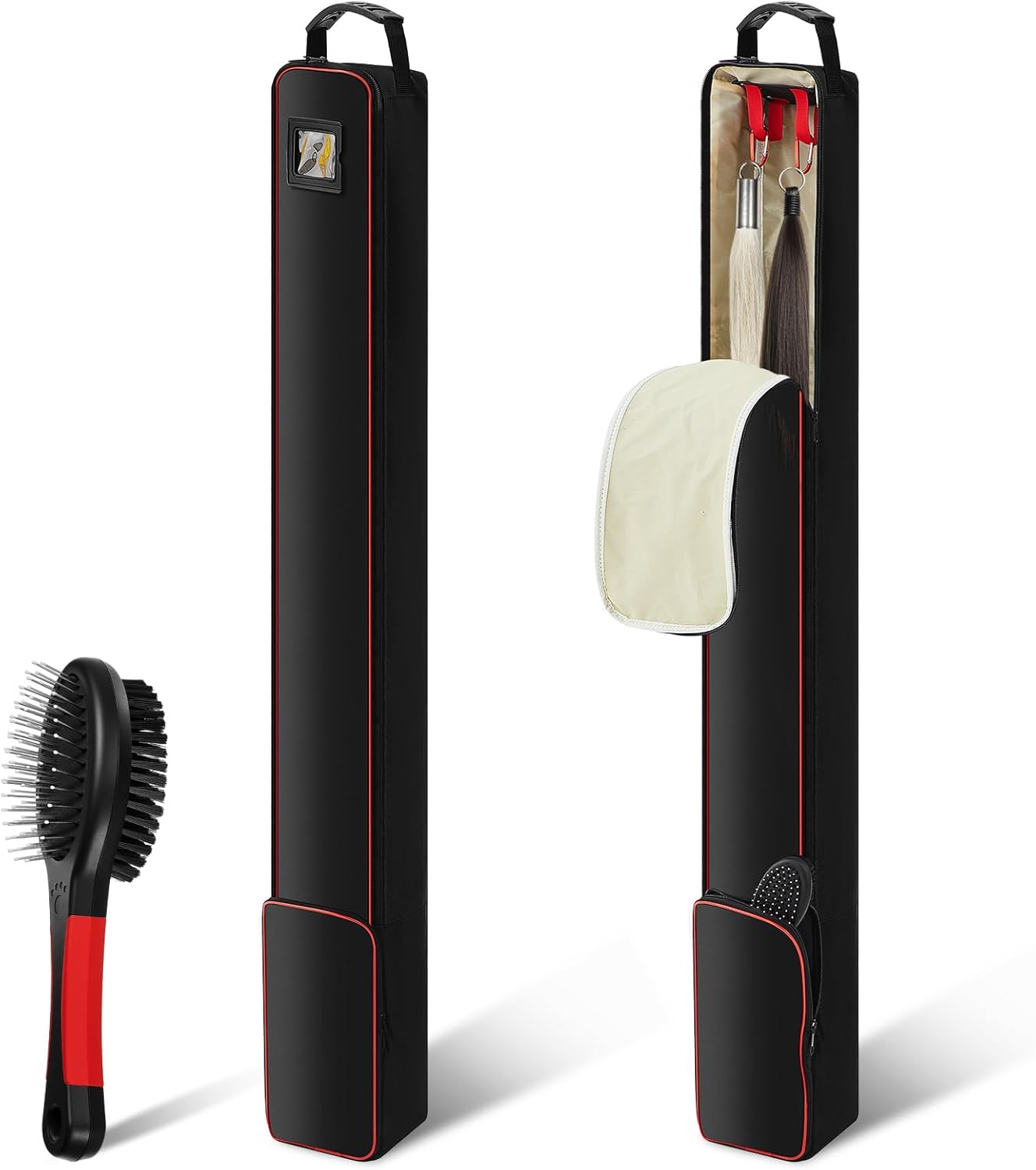 Horse Tail Extension Bag and Double Side Pin and Bristle Comb Brush, Red and Black Fake Horse Tail Bag
