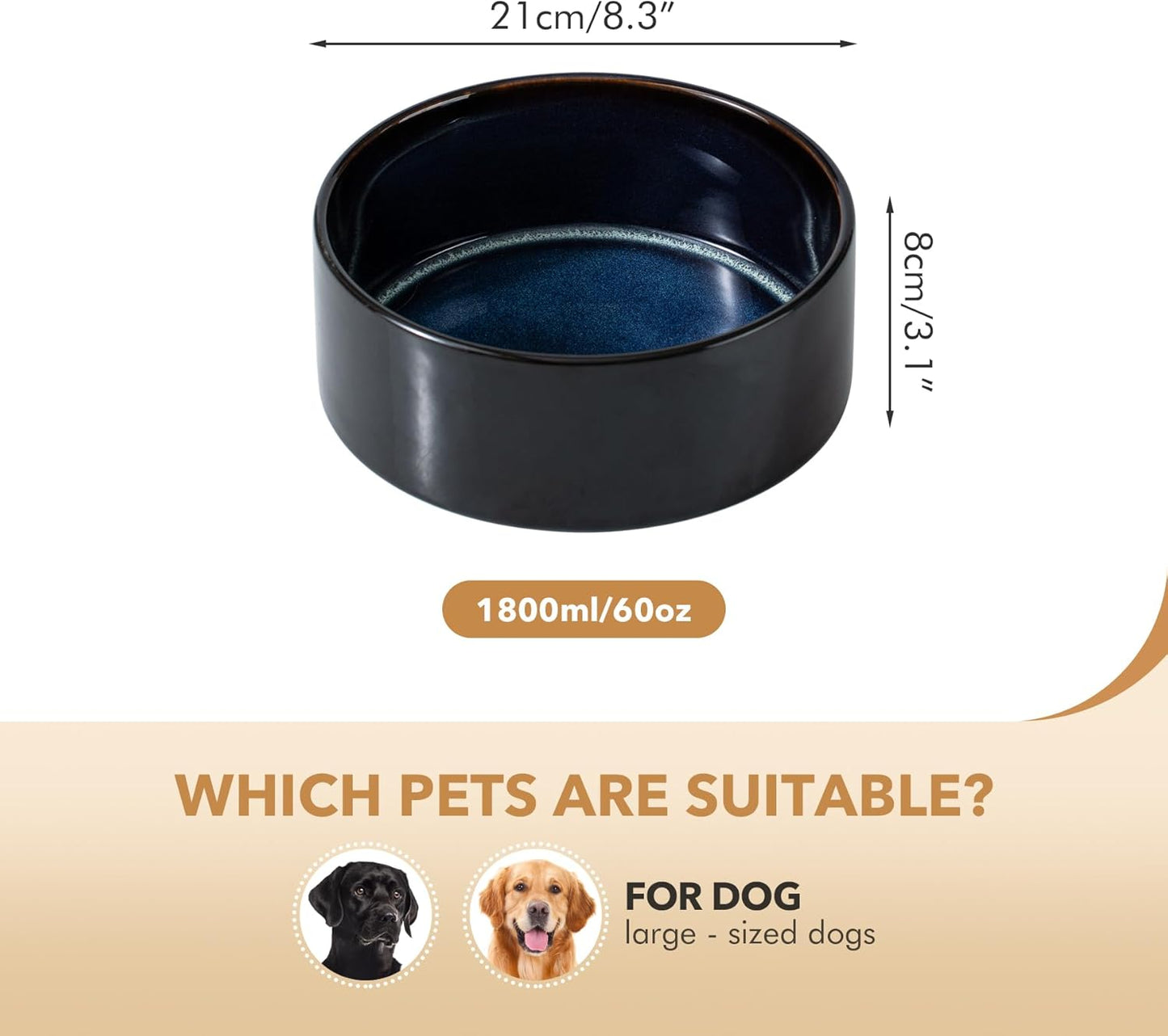 Ceramic 8.2inch Dog Bowl for Large Breed Dogs, Anti-Slip and Weighted Pet Food and Water Dishes (Single Bowl, Starry Sky)