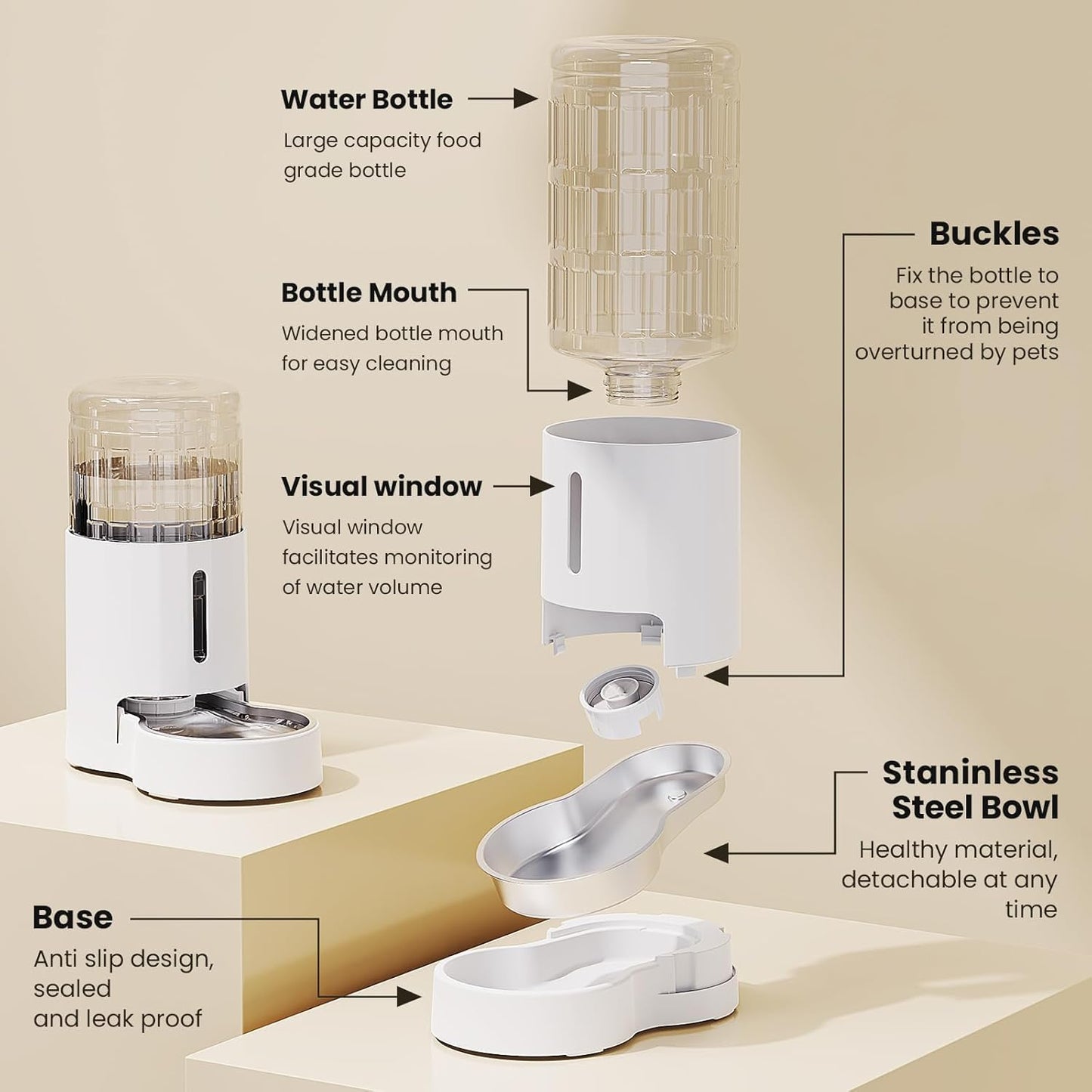 CZPET Automatic 4L/135Oz/1Gal Cat Water Dispenser with Stainless Steel Bowl, Gravity Waterer for Small Medium Dog Puppy Kitten (White)