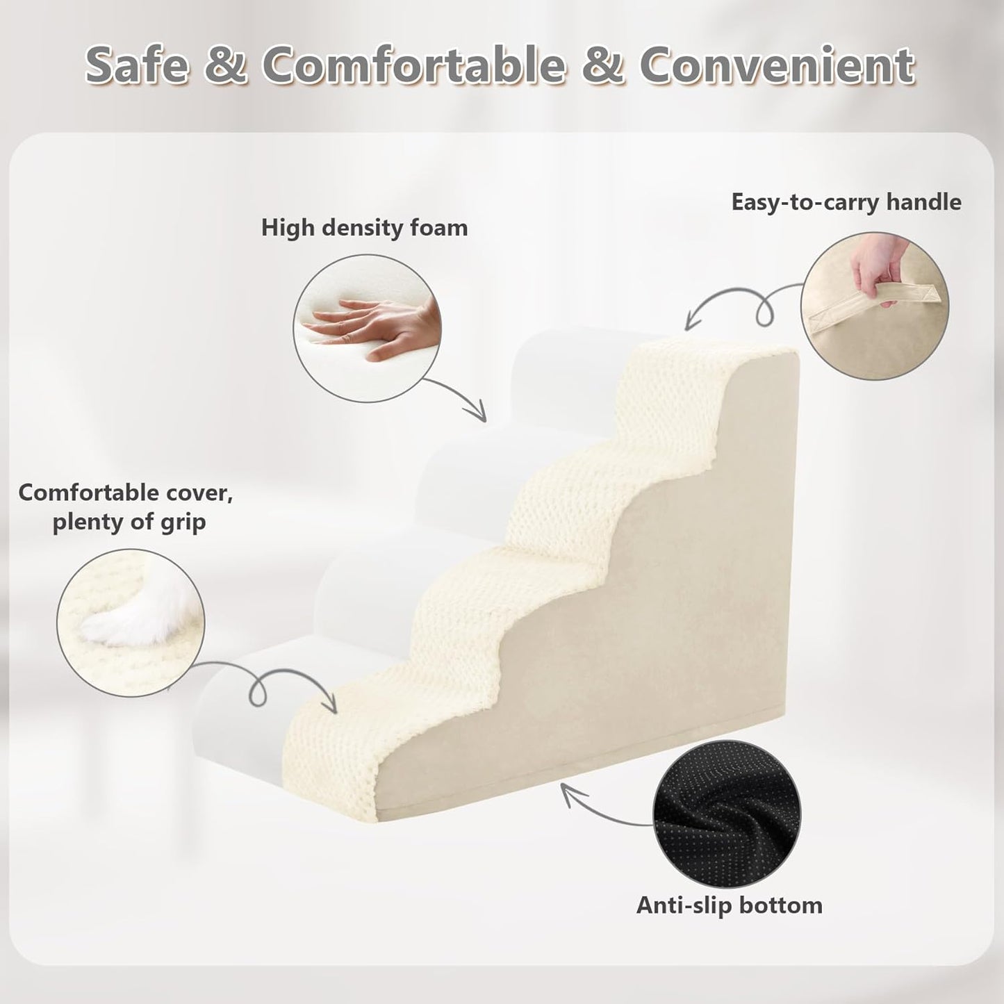 MIHIKK Dog Stairs Ramp, Curved 4-Step Dog Steps for Small Dogs and Cats, Pet Stairs for High Beds and Couch with Anti-Slip Washable Cover and Durable High Density Foam, Beige