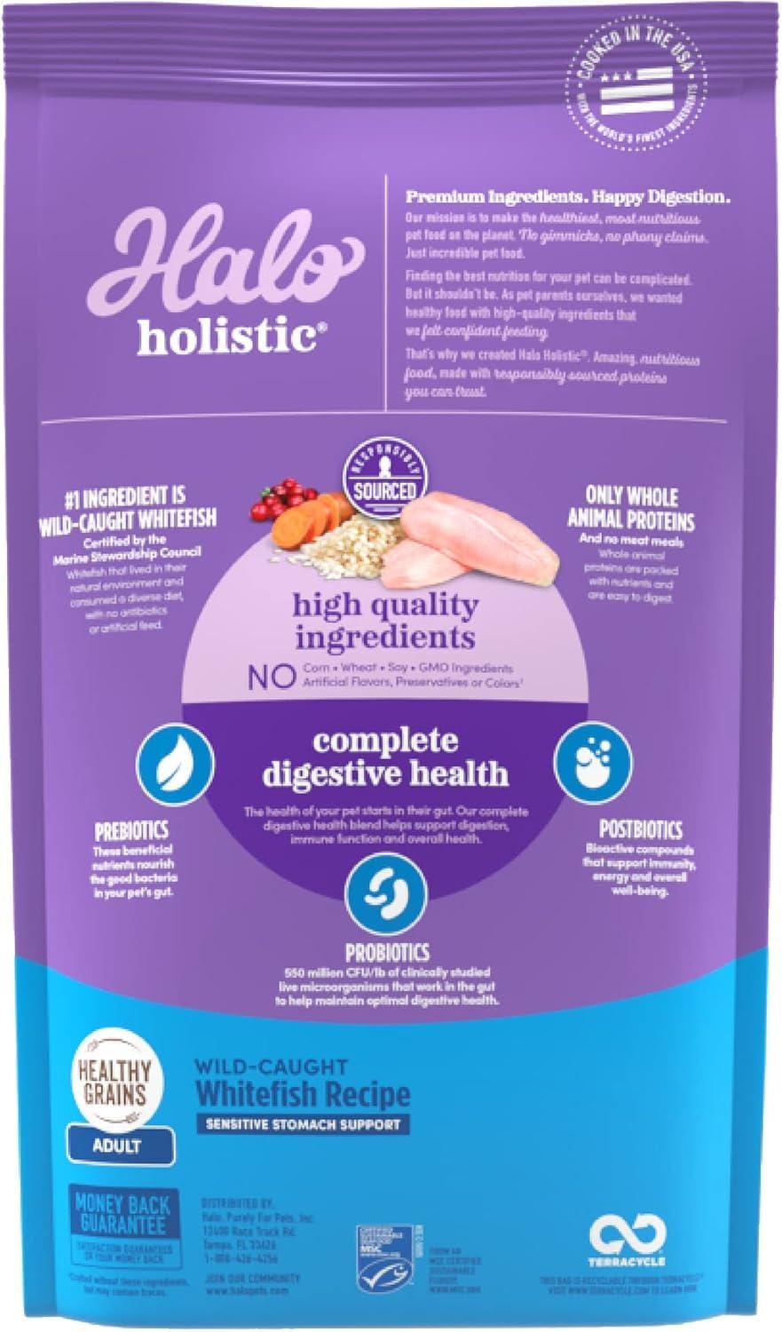 Halo Holistic Cat Food Wild Caught Salmon & Whitefish Formula, Healthy Grains Dry Cat Food, For Sensitive Stomach Support, Kibble for Adult Cats, 10 lb Bag