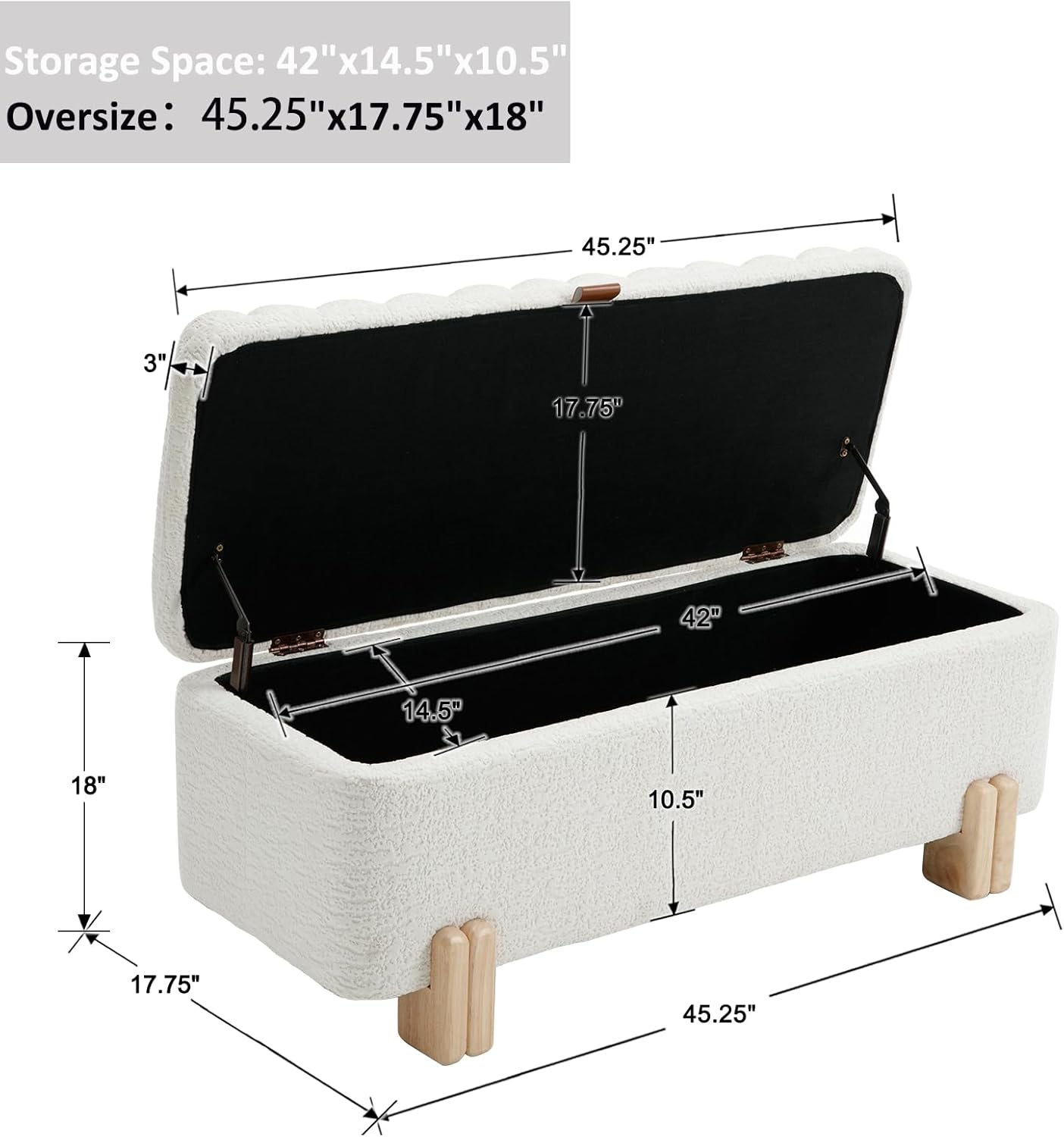 Kmax 45" Storage Bench Faux Fur Entryway Bench Upholstered Ottoman Bench with Wavy Top & Safty Hinge for Bedroom Living Room Hallway, White