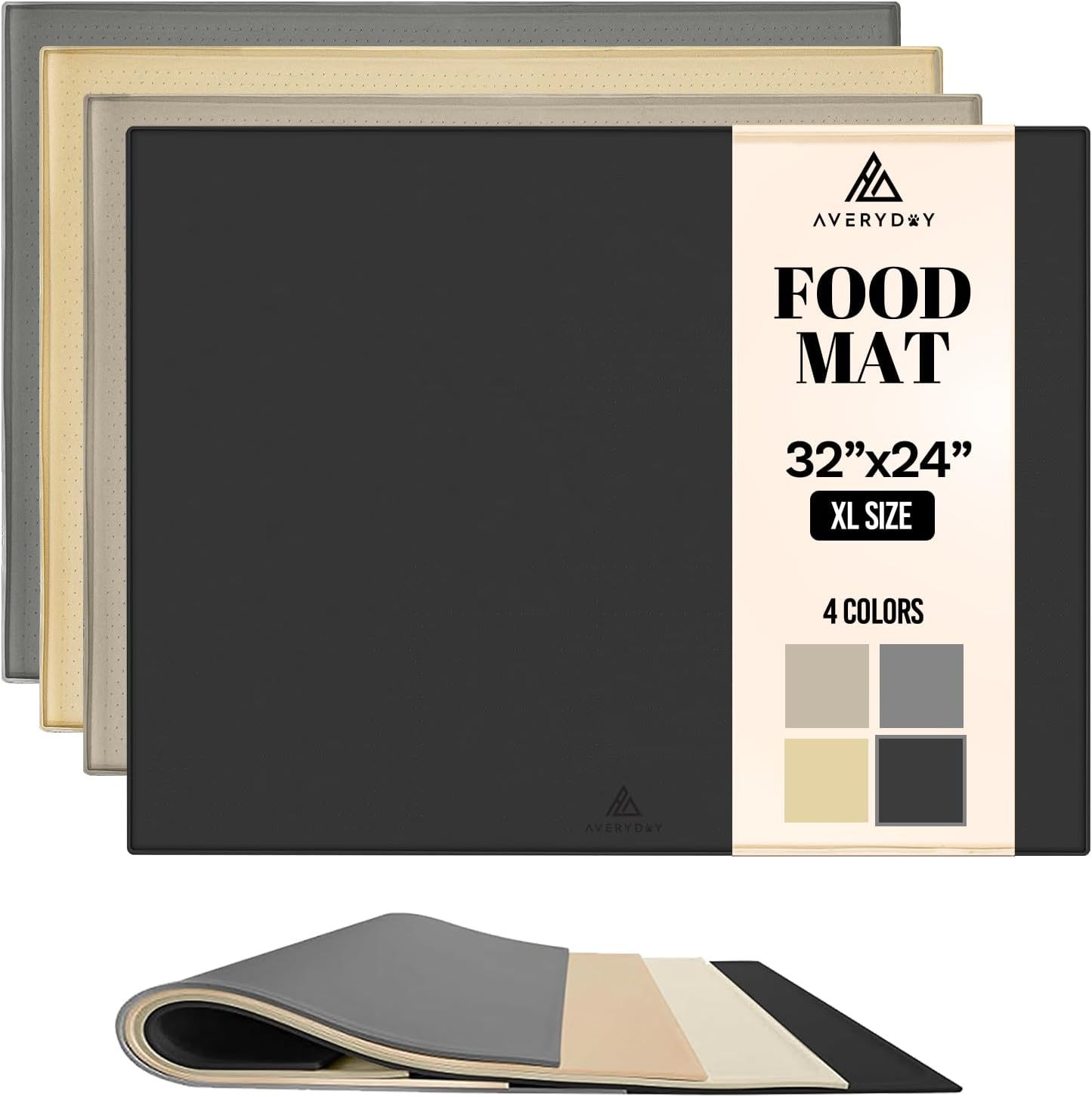 AVERYDAY 32x24'' Silicone Dog Mat for Food and Water, 0.63'' Edge Dog Food Bowl Mats for Floor Waterproof, Dogs Water Mat for Sloppy Drinker, Non Slip Rubber Pet Feeding Mats for Indoor Dogs and Cats