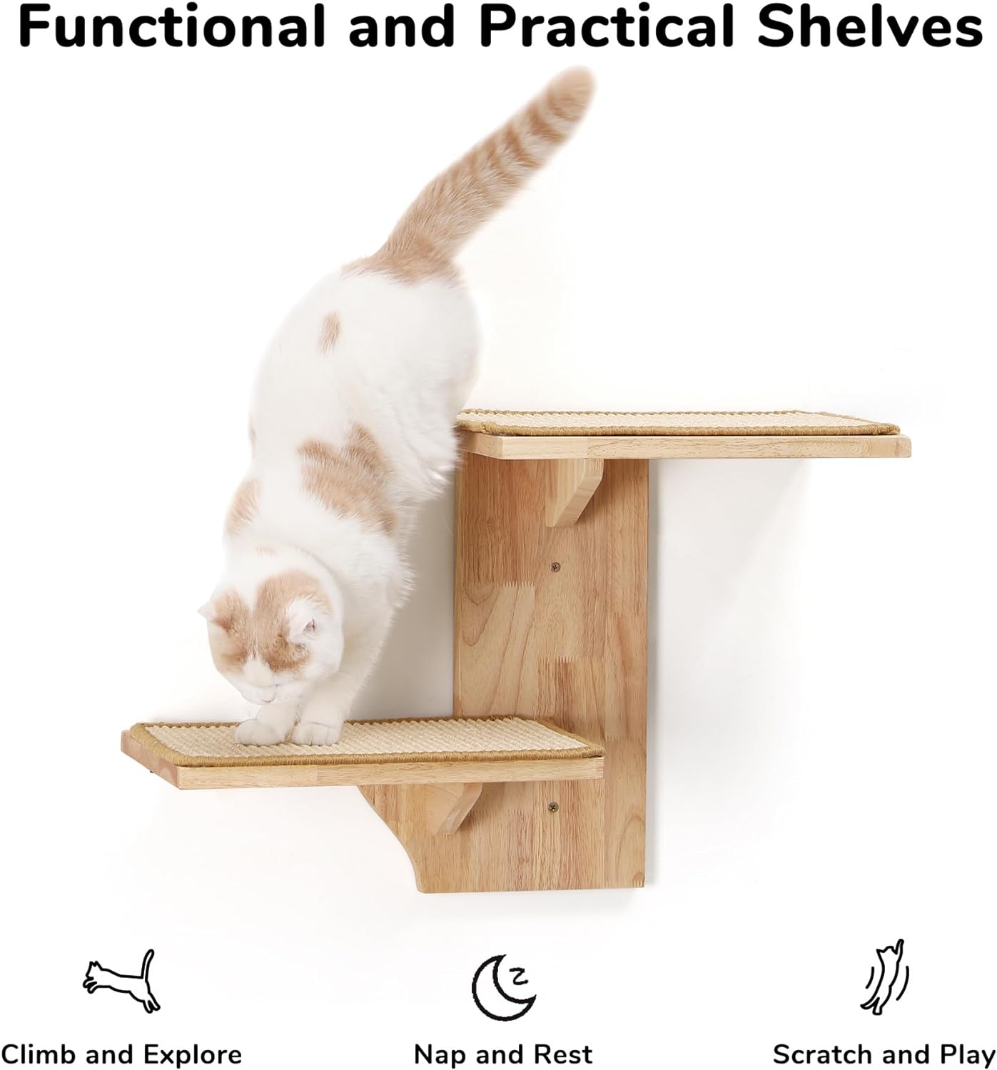FUKUMARU Cat Wall Shelves, 2 Platform Kitten Wall Furniture, Tree Shape Wall-Mounted Floating Shelf with Sisal Mat, Solid Rubber Wood Cats Perch for 16 Inch Drywall, Suitable for Climb, Play, Nap