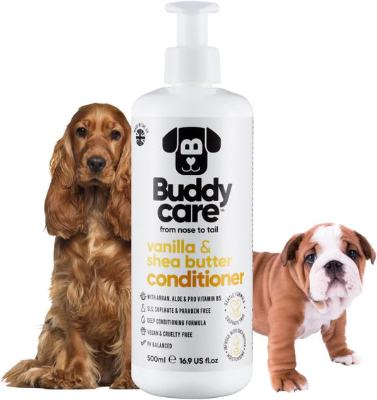 Vanilla & Shea Butter Dog Conditioner (16.90oz) Aloe Vera, Argan Oil & Pro Vitamin B5 to Detangle Matted Coats & Relieve Sensitive & Itchy Skin, Suitable for Puppies from 8 Weeks, Vegan