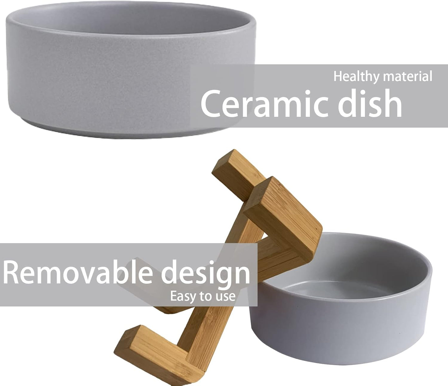 Ceramic Dog Cat Bowl with Wood Stand,Cat Food & Water Bowls Elevated Non-Spill Modern Cute Kitty Dishes Heavy Weighted Round Pet Dishes Set for Small Kitten Grown Cat(Grey)