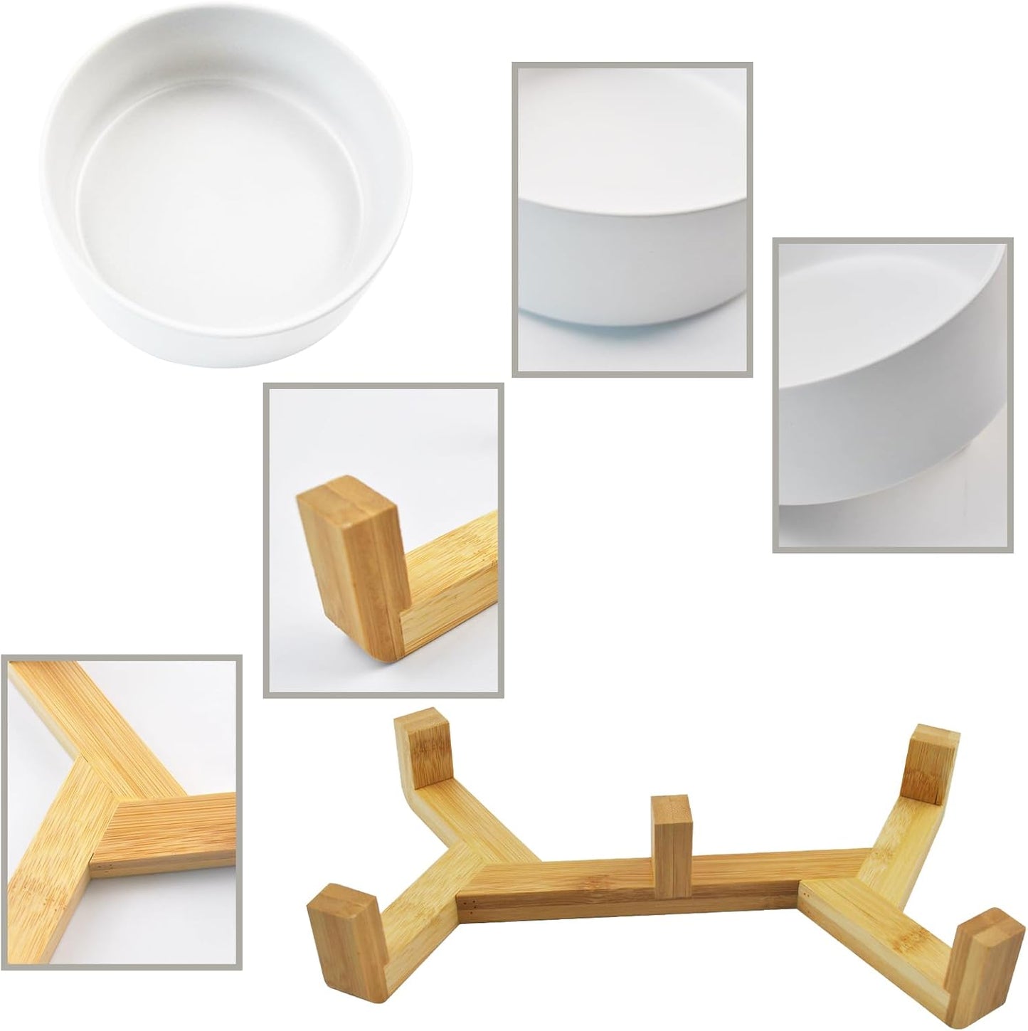 Ceramic Cat Bowls with Bamboo Stand,Non-Slip Small Dog Food and Water Bowl Set Non-Spill Cats Feeder Dish Modern Cute Weighted Cat Dishes for Small Dogs Puppy Cats Kitten(White)