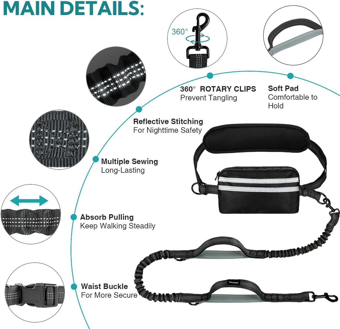 Hands Free Dog Leash with Pouch, Double Leash for Two Dogs, Retractable Dog Leashes with Double Padded Handles, for Running, Walking Accessories