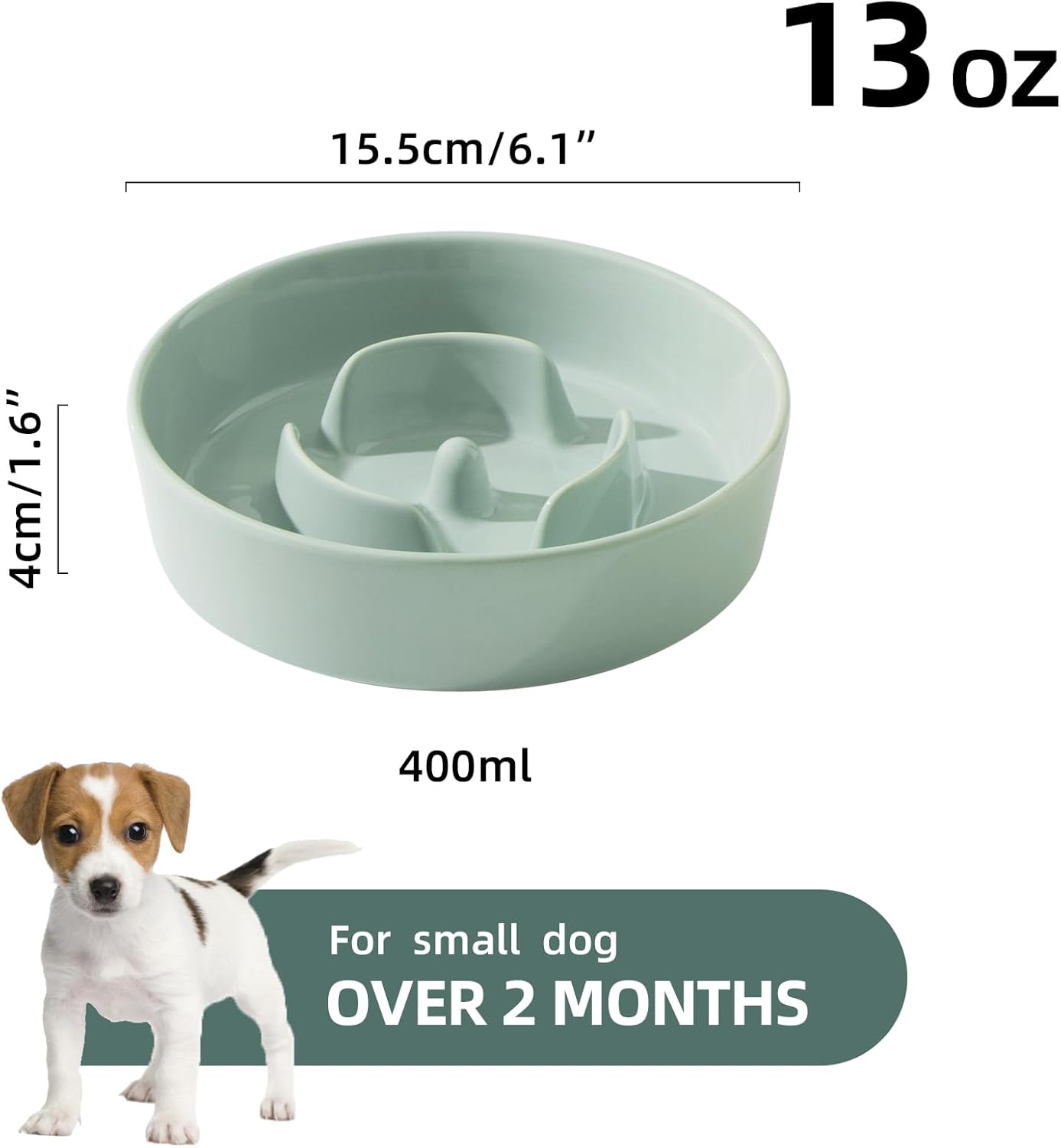 6.1inch Ceramic Dog Bowl Slow Feeder for Small Dog, Pet Slow Feeder, Stop Bloat, Preventing Choking(Single Bowl-Light Green)