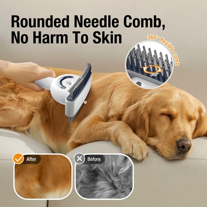 Multifunctional Pet Comb with Spray - 360° Steel Pin Comb and Detangling Knife, Pet Hair Removal Grooming Tool, Anti-static, Waterproof, Rechargeable - Suitable for Long-haired or Curly-haired Pets