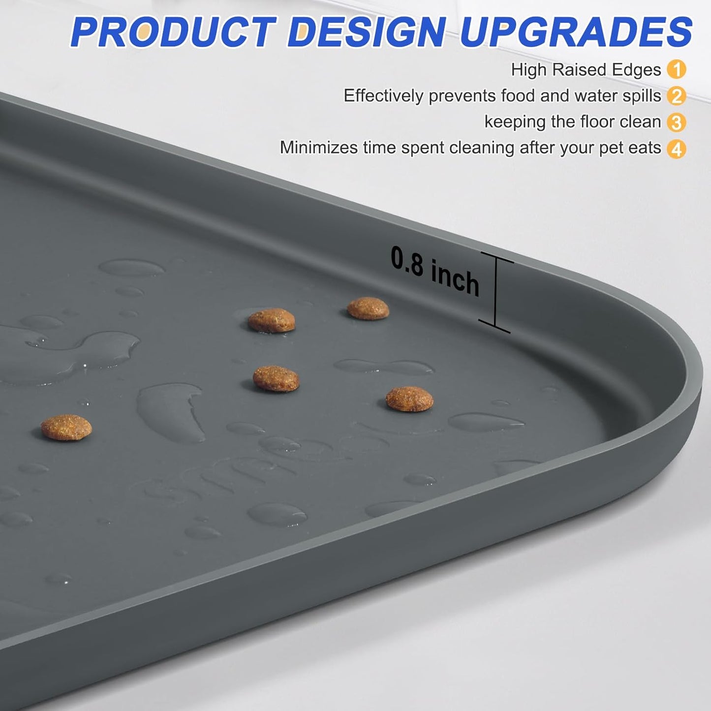 Silicone Pet Feeding Mat with Raised Edge for Food and Water, Dog Bowl Mats, Cat Bowls Placemat with High Lip for Floor Waterproof, Rubber Tray for Cats and Dogs 24 x 16 x 0.8 Dark Grey