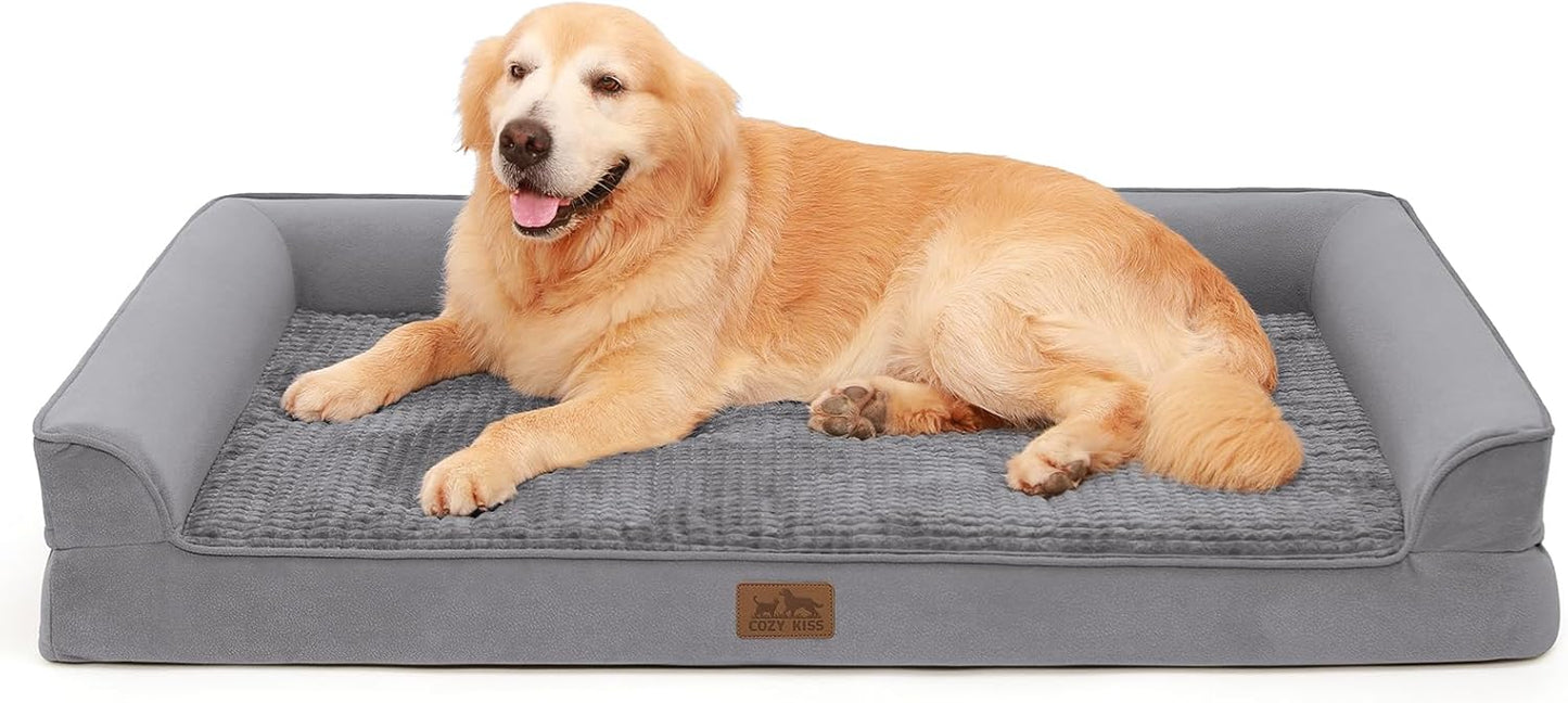 Orthopedic Dog Bed for Extra Large Dog, XL Pet Couch for XLarge Size Dog, Big Supportive Foam Bolster Sofa with Waterproof Lining Cover, Comfort, Washable, 48x32x7.5 in, U Shape, Grey