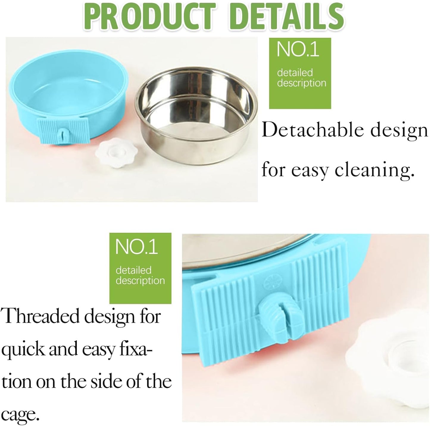 kathson Crate Dog Bowl 2pcs, Removable Stainless Steel Hanging Pet Kennel Cage Bowl Food & Water Feeder Coop Cup for Puppy, Cat, Rabbit,Guinea Pigs Large (Blue,Green)