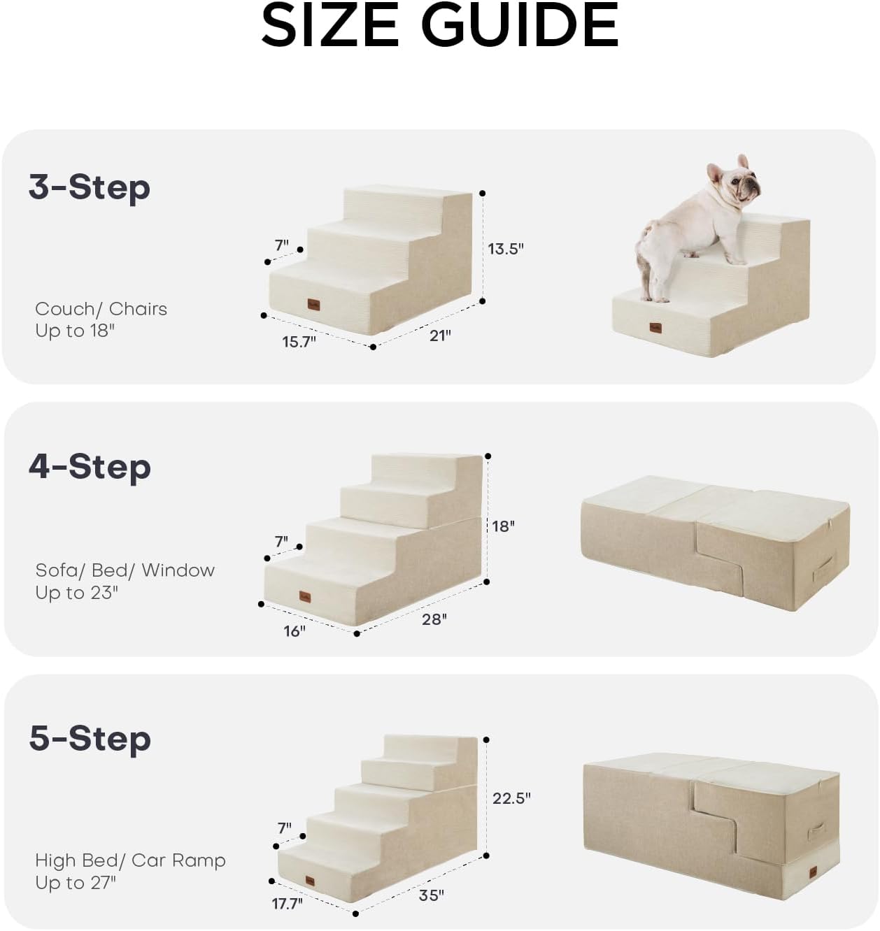 Made4Pets Dog Steps for Bed, Extra Wide Dog Stairs for High Bed Couch Sofa, 35D Foam Pet Steps for Small Dogs and Cats, Non-Slip Bottom Pet Stairs, Beige, 4 Steps