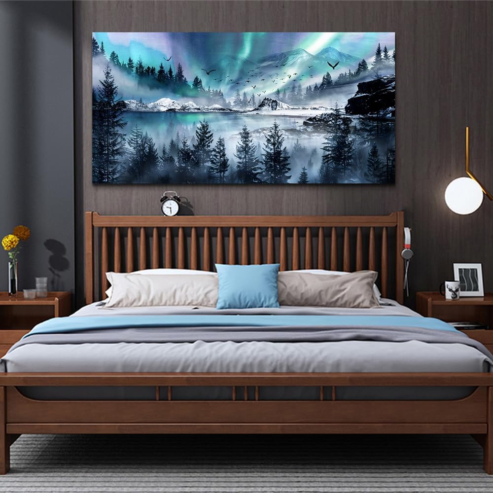 hyidecorart Canvas Wall Art For Living Room Large Wall Decorations For Office Stretched And Framed Canvas Prints Paintings Blue Aurora Scenery Pictures Artwork Ready To Hang Hotel Mural Wall Decor