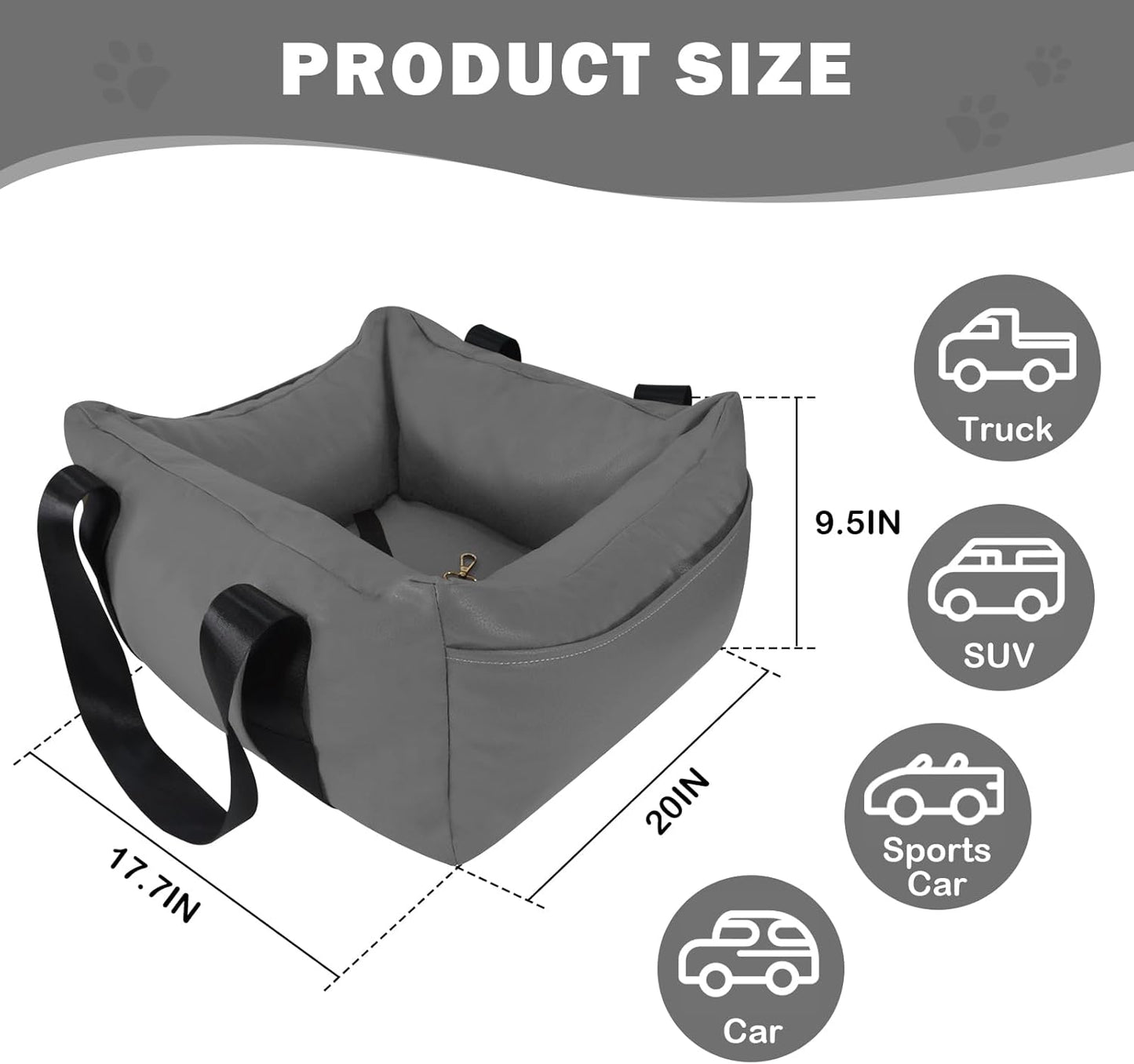 Dog Car Seat for Small Dogs, Large Leather Dog Car Bed with Storage Pocket, Waterproof PVC Leather Booster Seat Travel Bed for Front & Back Seat, Clip-On Safety Leash (Black/Grey)