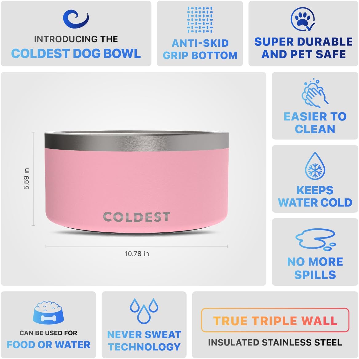Coldest Dog Bowl - Anti Rust Metal, Non Slip, 3 Layers Insulated Stainless Steel Dog Bowls - Spill Proof & Heavy Duty - Water Bowl for Dogs, Cats & Pets, Dish Washer Safe (200 oz, Cotton Candy Pink)