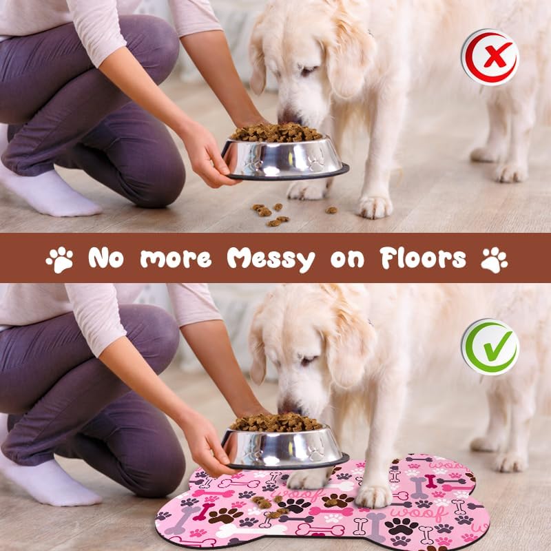 Dog Food Mats for Floors Waterproof, Pet Feeding Absorbent Water Bowl Mat Cat Placemats Pink Bone Shape 23.6 * 15.7 inch