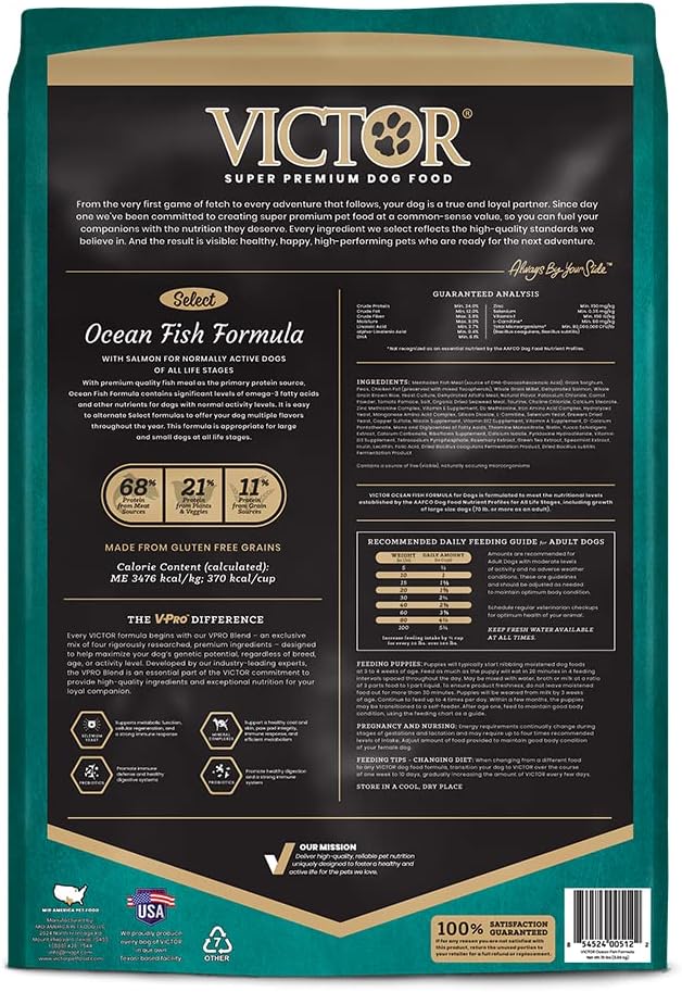 VICTOR Super Premium Dog Food – Select Ocean Fish Formula with Salmon – Omega-3 and Omega-6 Enriched Gluten-Free Dry Kibble for All Normally Active Dogs of All Life Stages, 15lbs