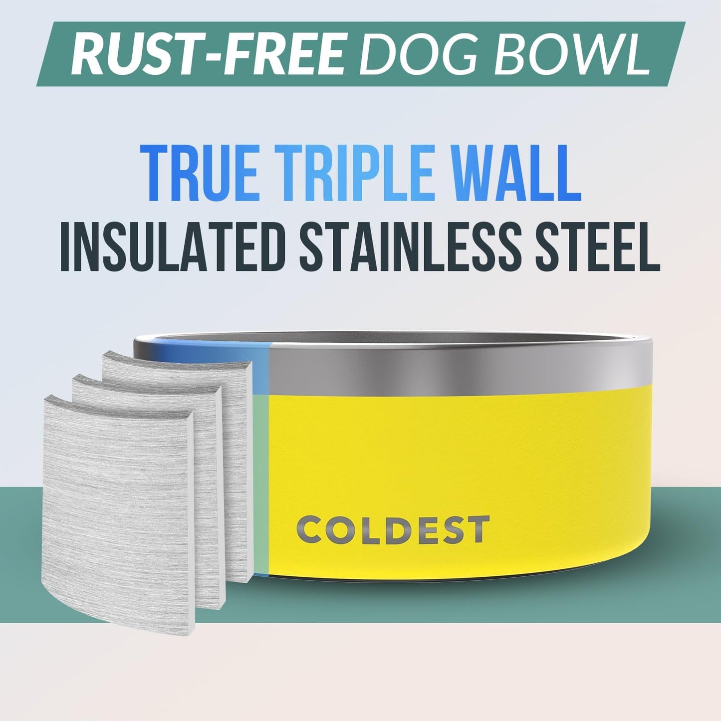 Coldest Dog Bowl - Anti Rust Metal, Non Slip, 3 Layers Insulated Stainless Steel Dog Bowls - Spill Proof & Heavy Duty - Water Bowl for Dogs, Cats & Pets, Dish Washer Safe (100 oz, Solar Yellow)