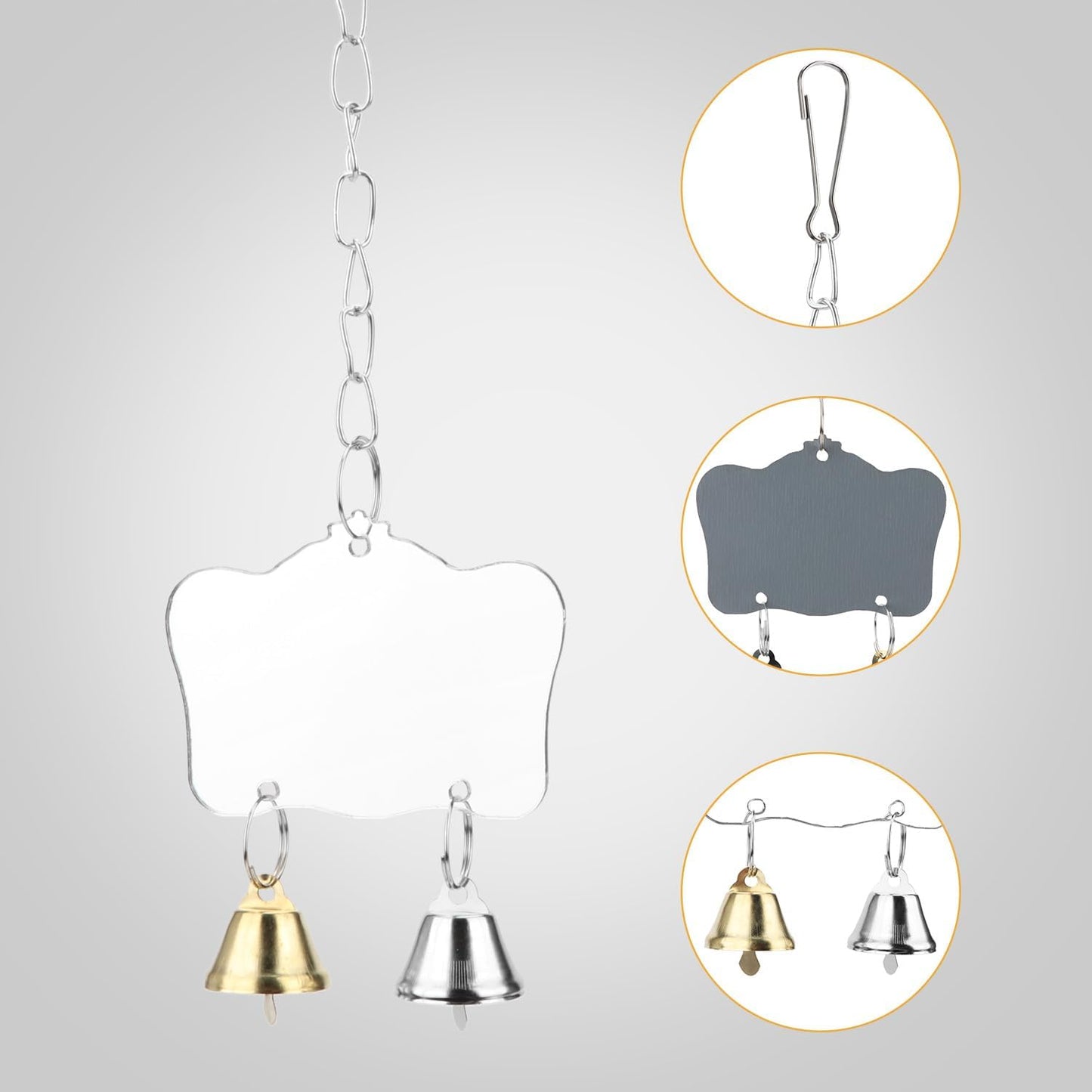 Hypeety Pet Bird Mirror Toy with Bells Hanging Toy for Parakeet Cockatiel Conure Lovebirds Finch Canary Cage Swing Fun Play Toy (Bird Mirror-2 Bells)